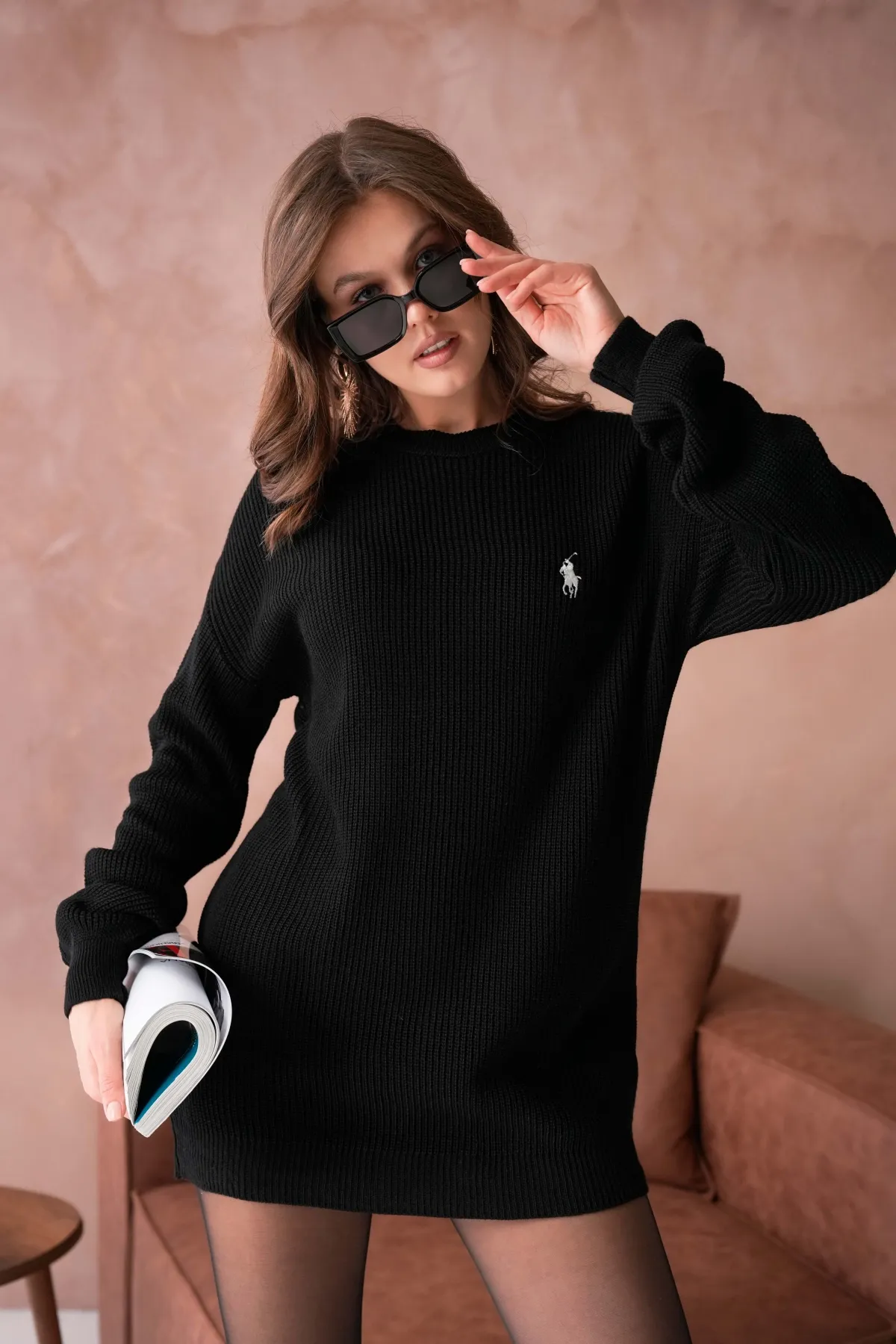 Kadın Bisiklet Yaka Selanik Örgü Nakışlı Triko Tunik 8492