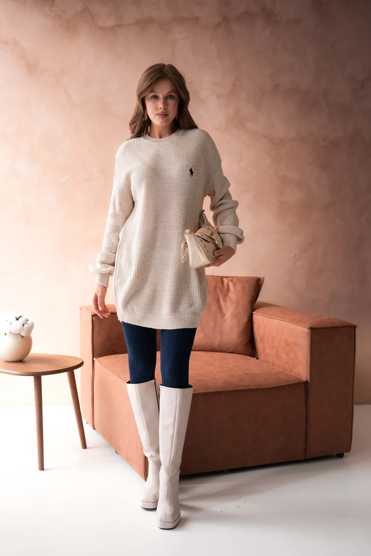 Kadın Bisiklet Yaka Selanik Örgü Nakışlı Triko Tunik 8492