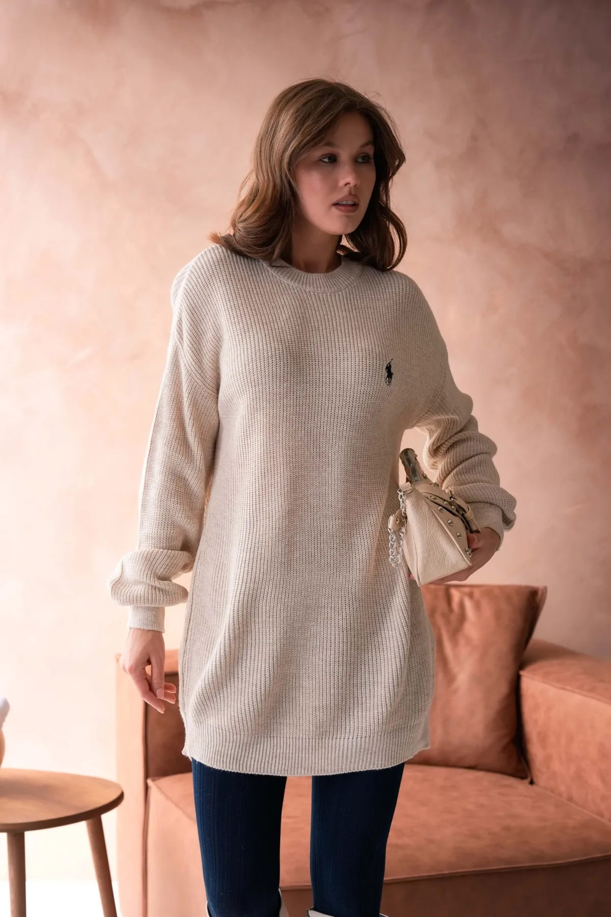 Kadın Bisiklet Yaka Selanik Örgü Nakışlı Triko Tunik 8492