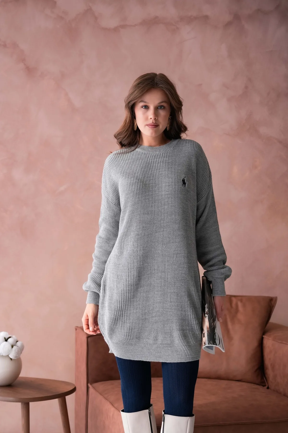 Kadın Bisiklet Yaka Selanik Örgü Nakışlı Triko Tunik 8492