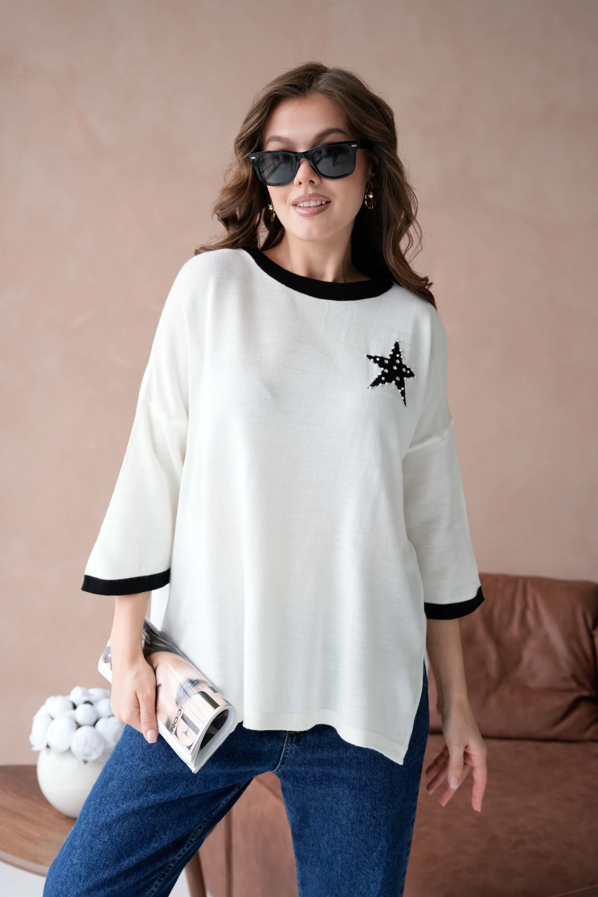 Kadın Bisiklet Yaka Taş İşlemeli Yırtmaçlı Oversize Triko Kazak 10042