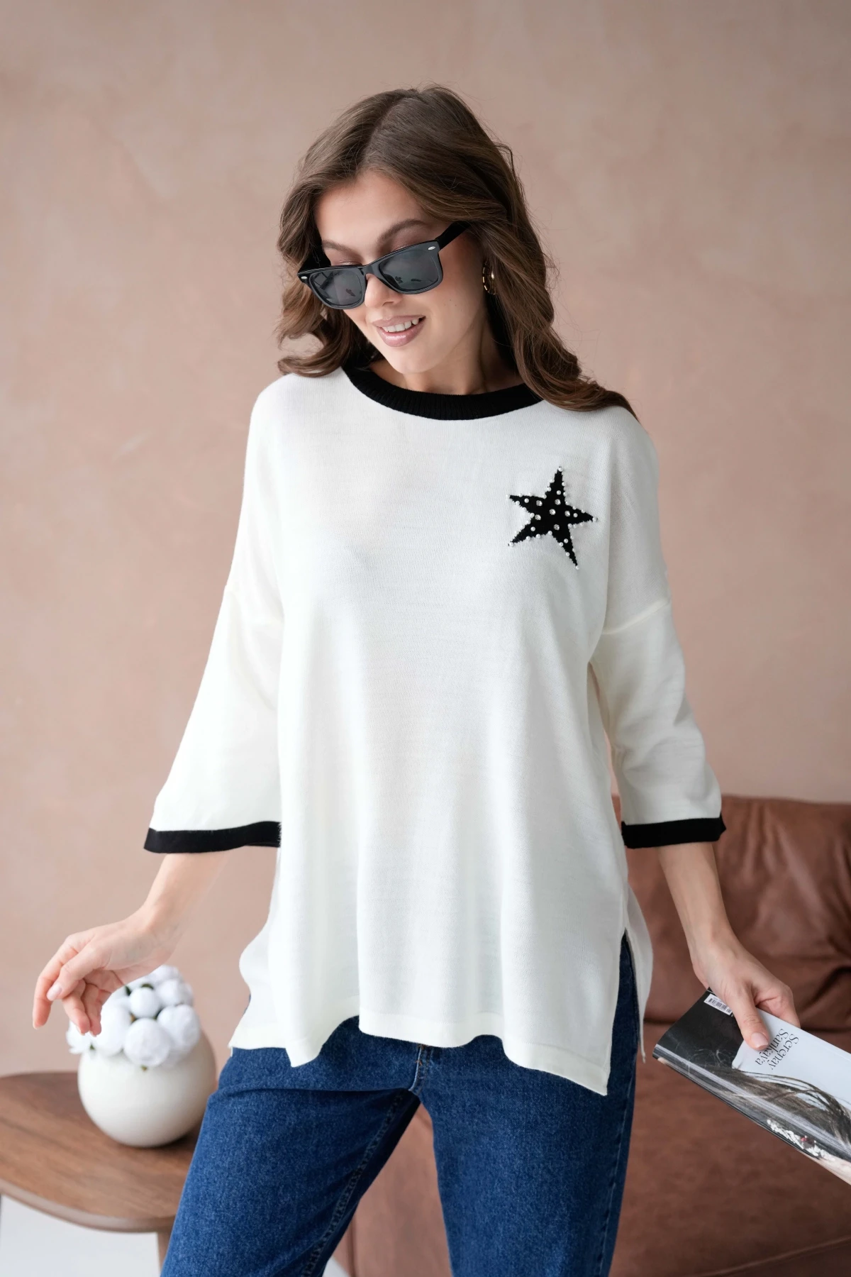 Kadın Bisiklet Yaka Taş İşlemeli Yırtmaçlı Oversize Triko Kazak 10042