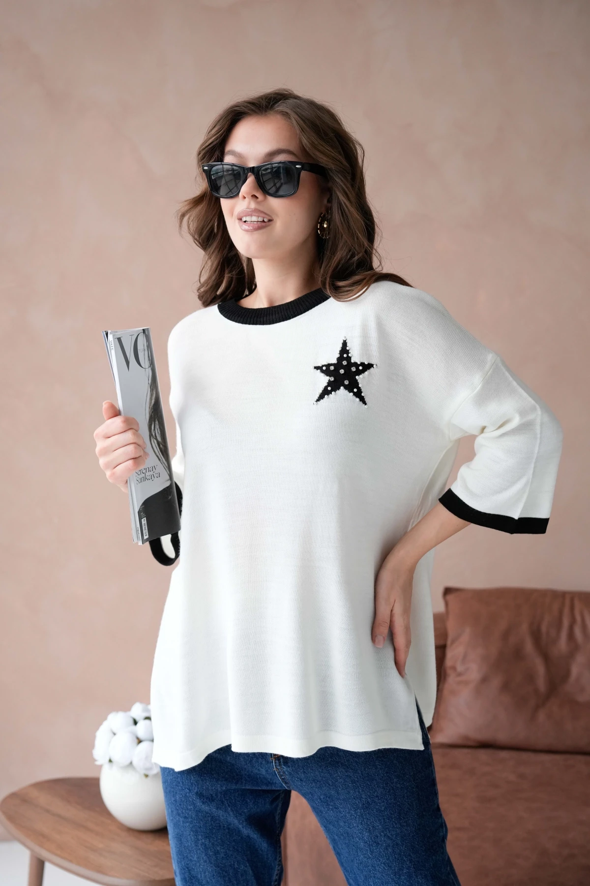 Kadın Bisiklet Yaka Taş İşlemeli Yırtmaçlı Oversize Triko Kazak 10042