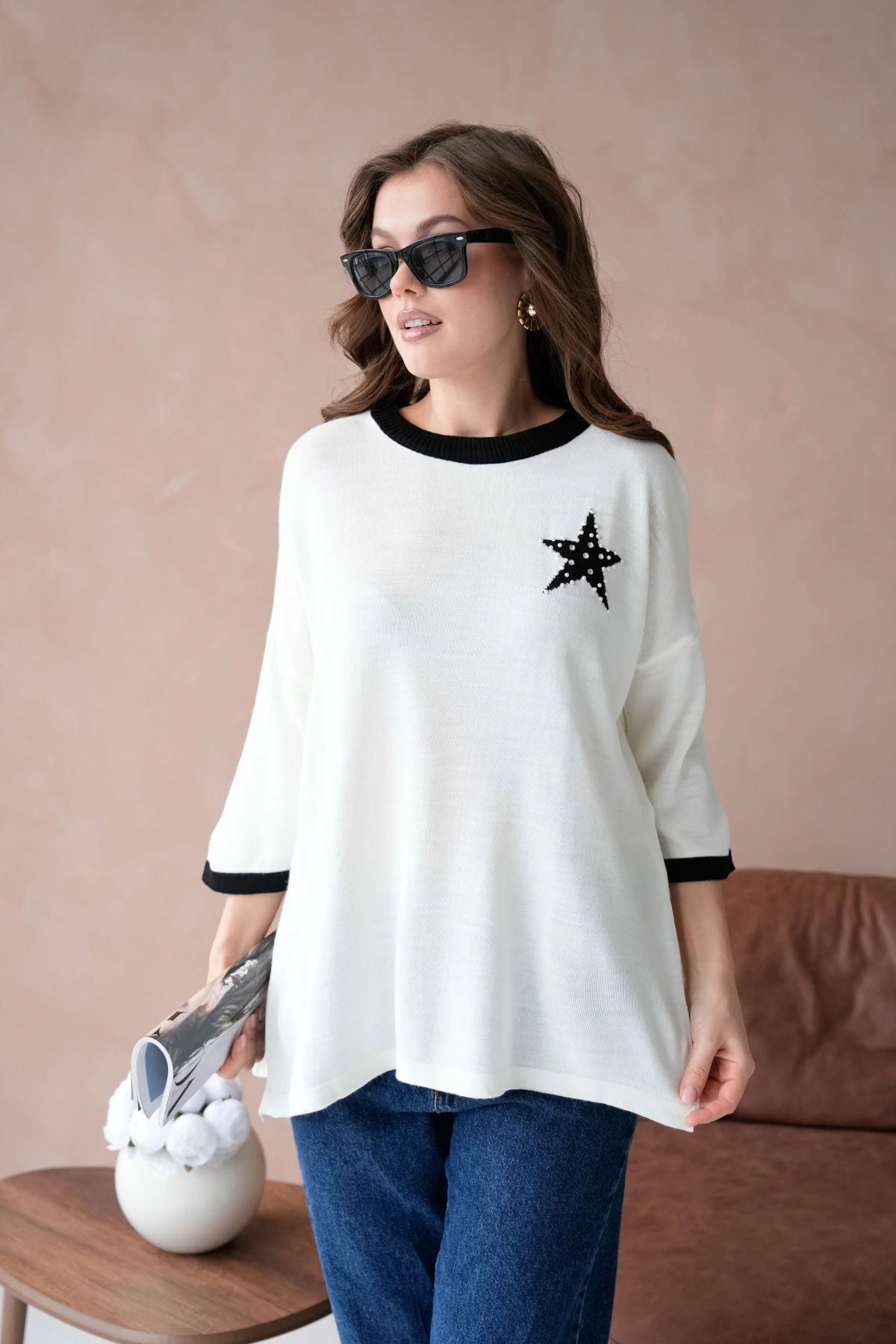 Kadın Bisiklet Yaka Taş İşlemeli Yırtmaçlı Oversize Triko Kazak 10042