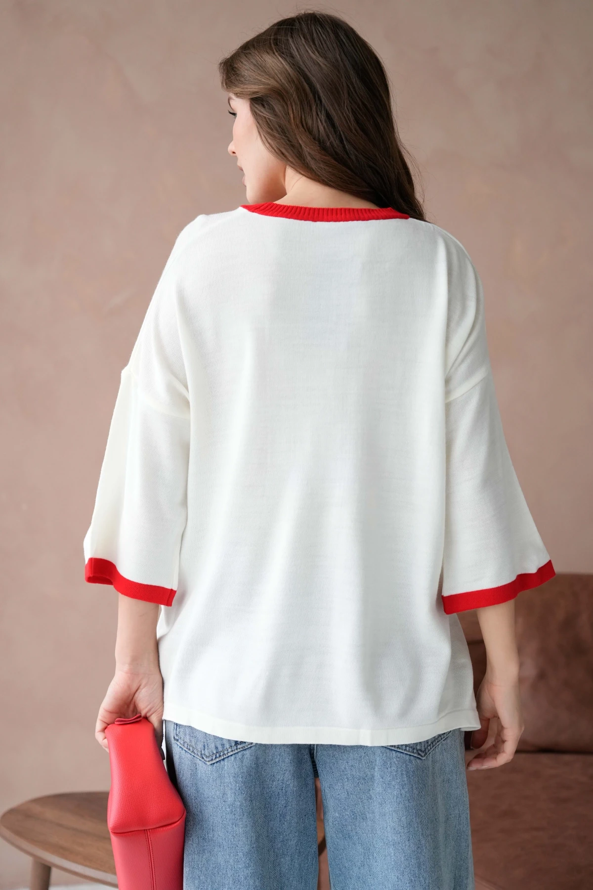 Kadın Bisiklet Yaka Taş İşlemeli Yırtmaçlı Oversize Triko Kazak 10042