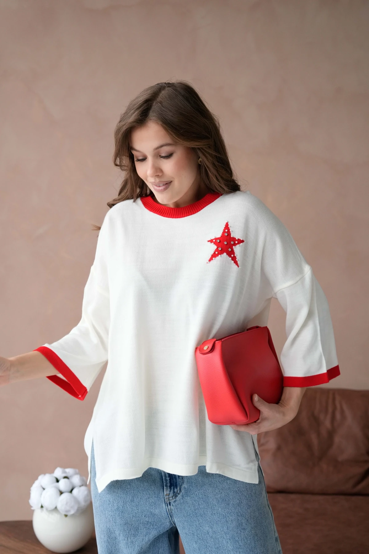 Kadın Bisiklet Yaka Taş İşlemeli Yırtmaçlı Oversize Triko Kazak 10042