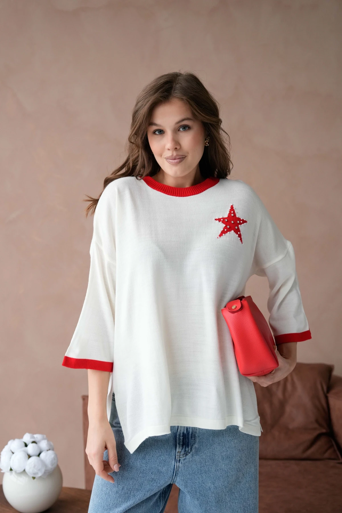 Kadın Bisiklet Yaka Taş İşlemeli Yırtmaçlı Oversize Triko Kazak 10042