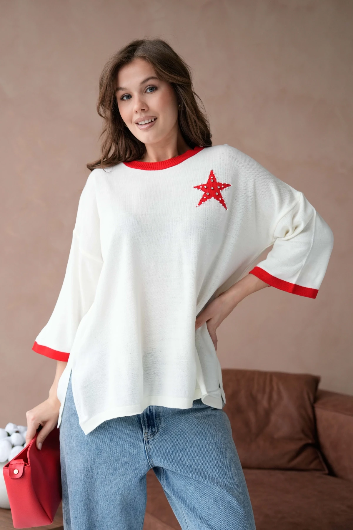 Kadın Bisiklet Yaka Taş İşlemeli Yırtmaçlı Oversize Triko Kazak 10042