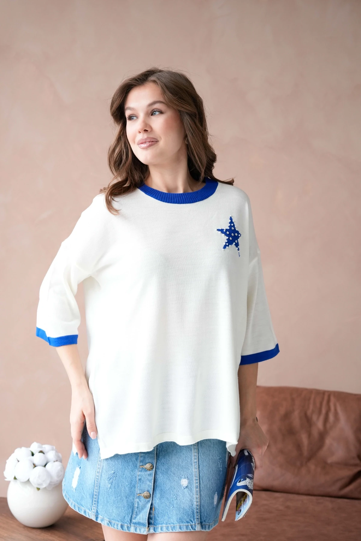 Kadın Bisiklet Yaka Taş İşlemeli Yırtmaçlı Oversize Triko Kazak 10042