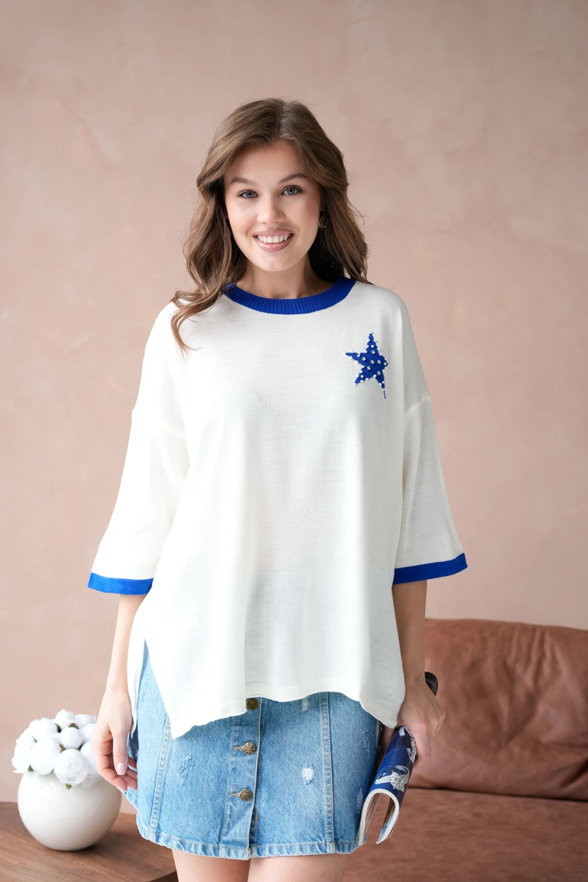 Kadın Bisiklet Yaka Taş İşlemeli Yırtmaçlı Oversize Triko Kazak 10042