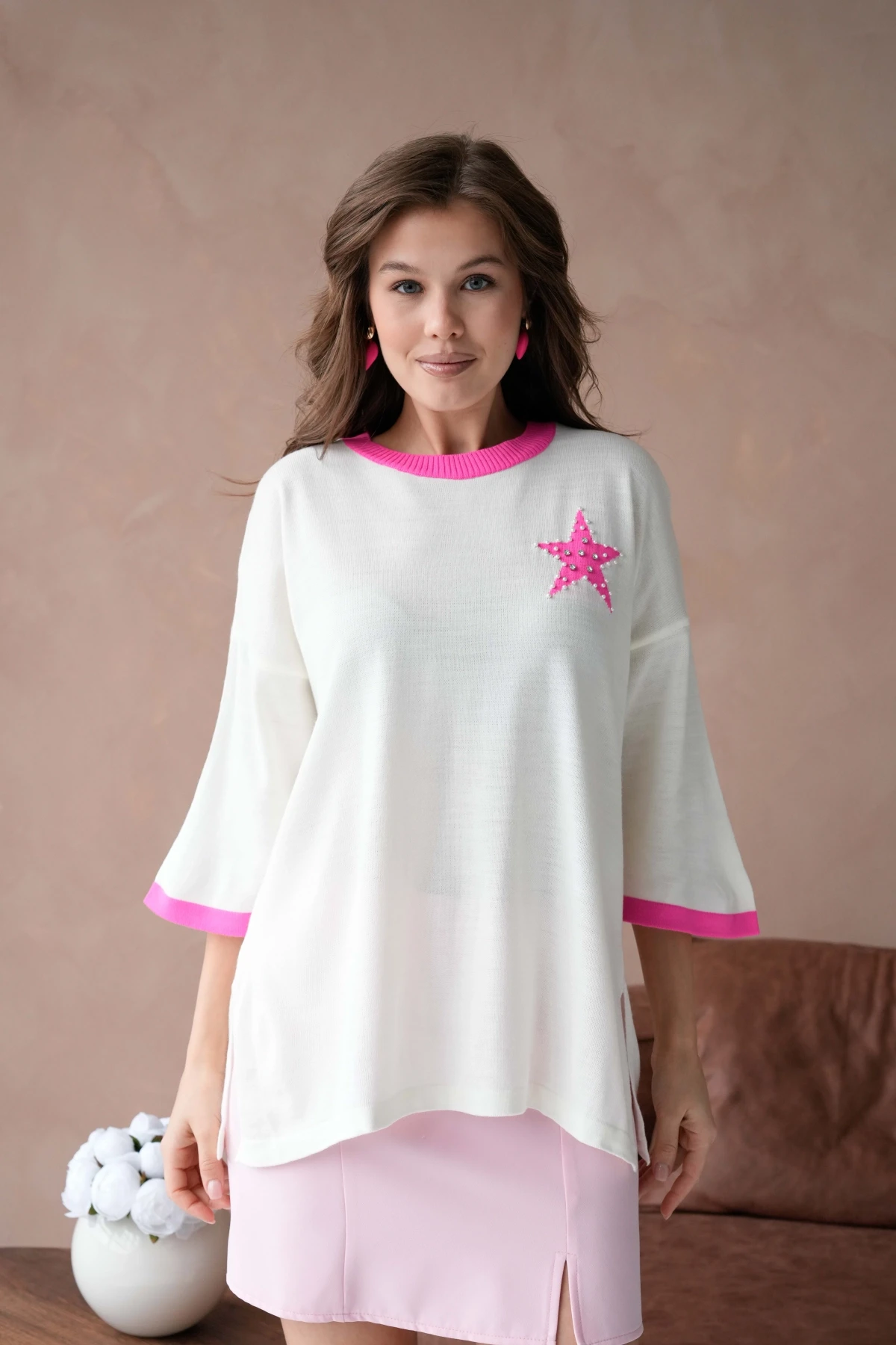 Kadın Bisiklet Yaka Taş İşlemeli Yırtmaçlı Oversize Triko Kazak 10042