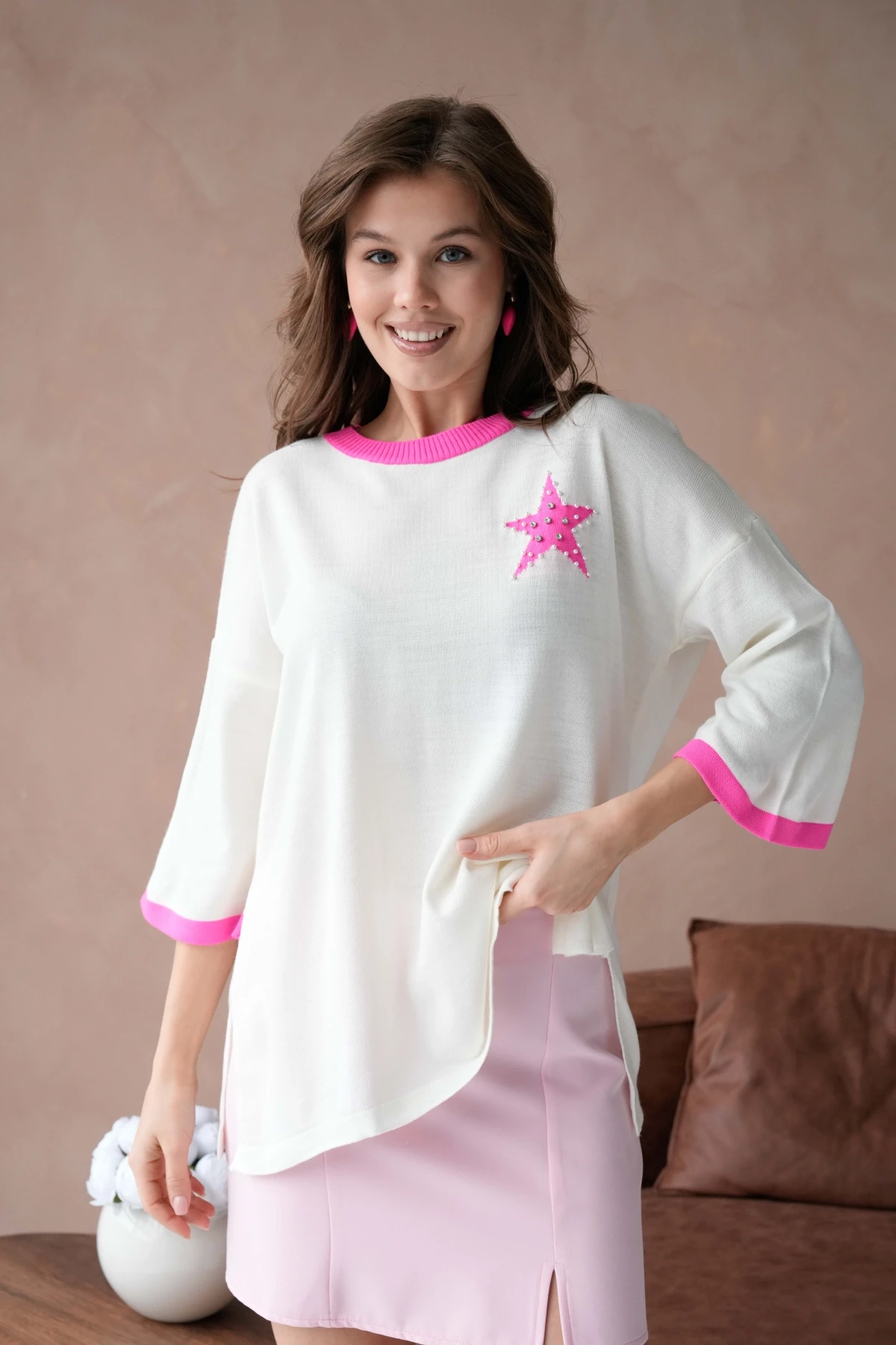 Kadın Bisiklet Yaka Taş İşlemeli Yırtmaçlı Oversize Triko Kazak 10042