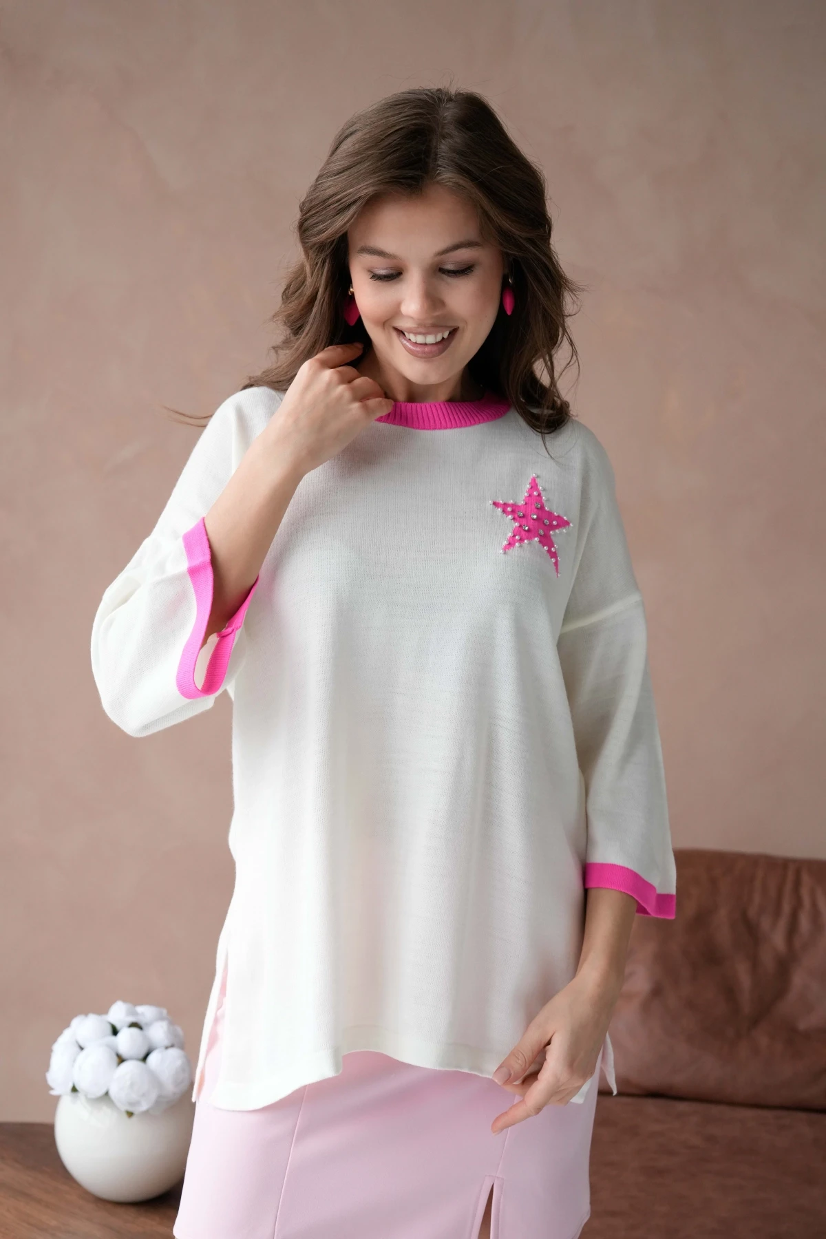 Kadın Bisiklet Yaka Taş İşlemeli Yırtmaçlı Oversize Triko Kazak 10042