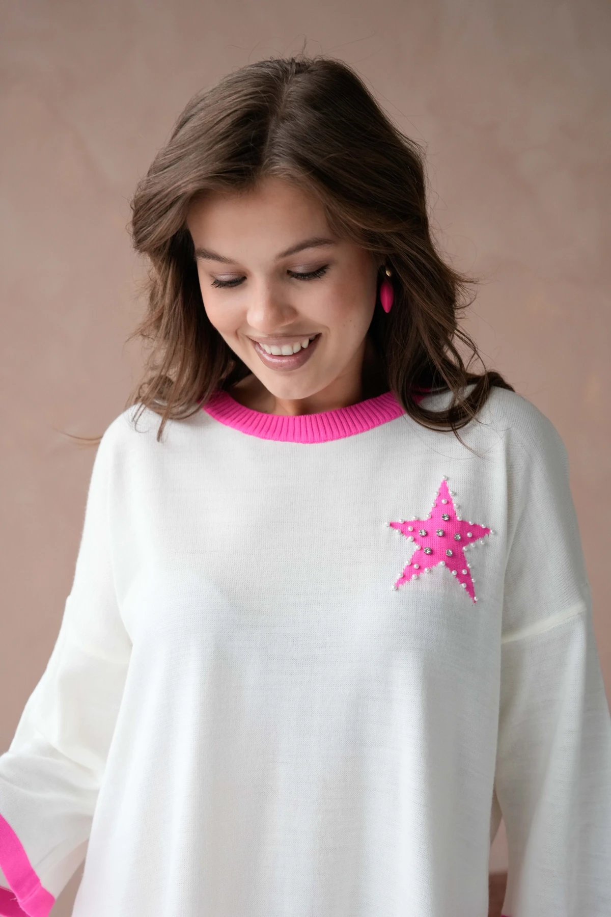 Kadın Bisiklet Yaka Taş İşlemeli Yırtmaçlı Oversize Triko Kazak 10042