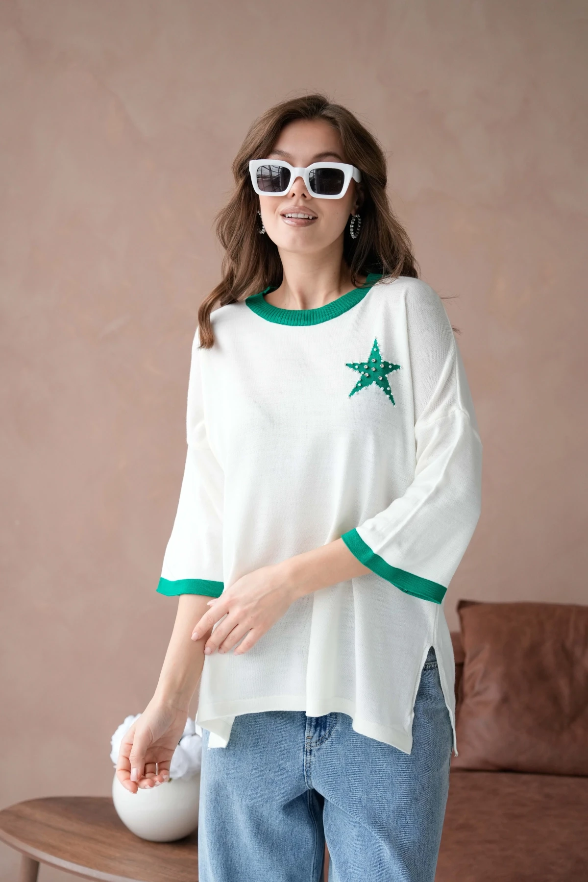 Kadın Bisiklet Yaka Taş İşlemeli Yırtmaçlı Oversize Triko Kazak 10042