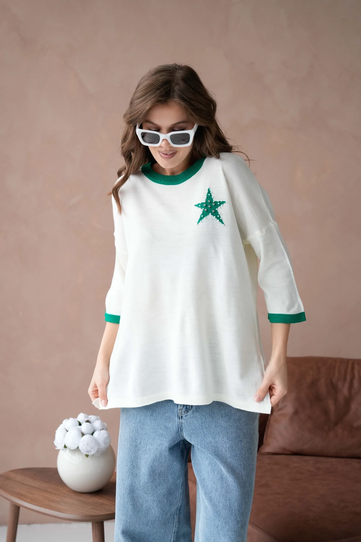 Kadın Bisiklet Yaka Taş İşlemeli Yırtmaçlı Oversize Triko Kazak 10042