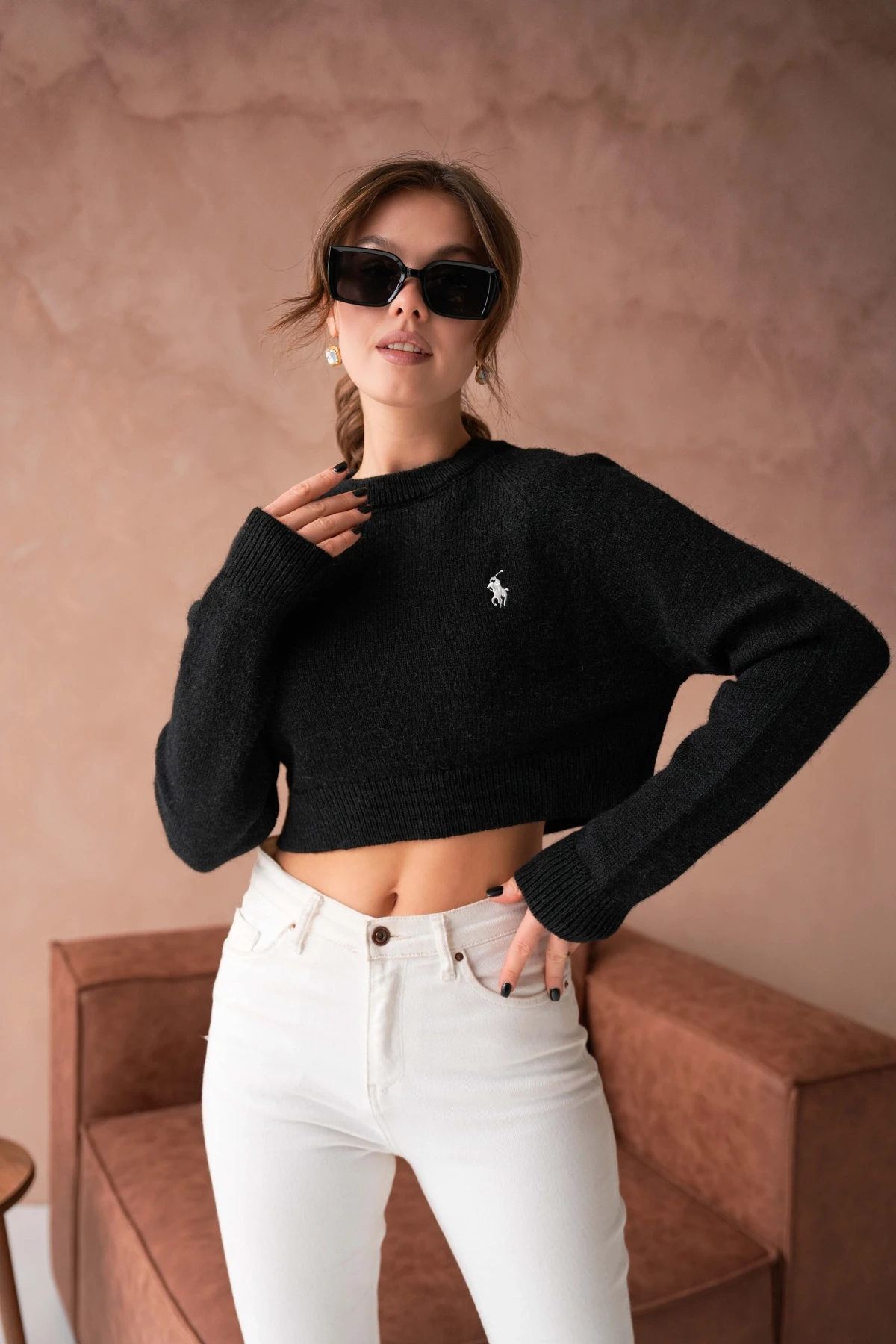 Womens Pomegranate Crew Neck Soft Textured Crop Knitwear Sweater