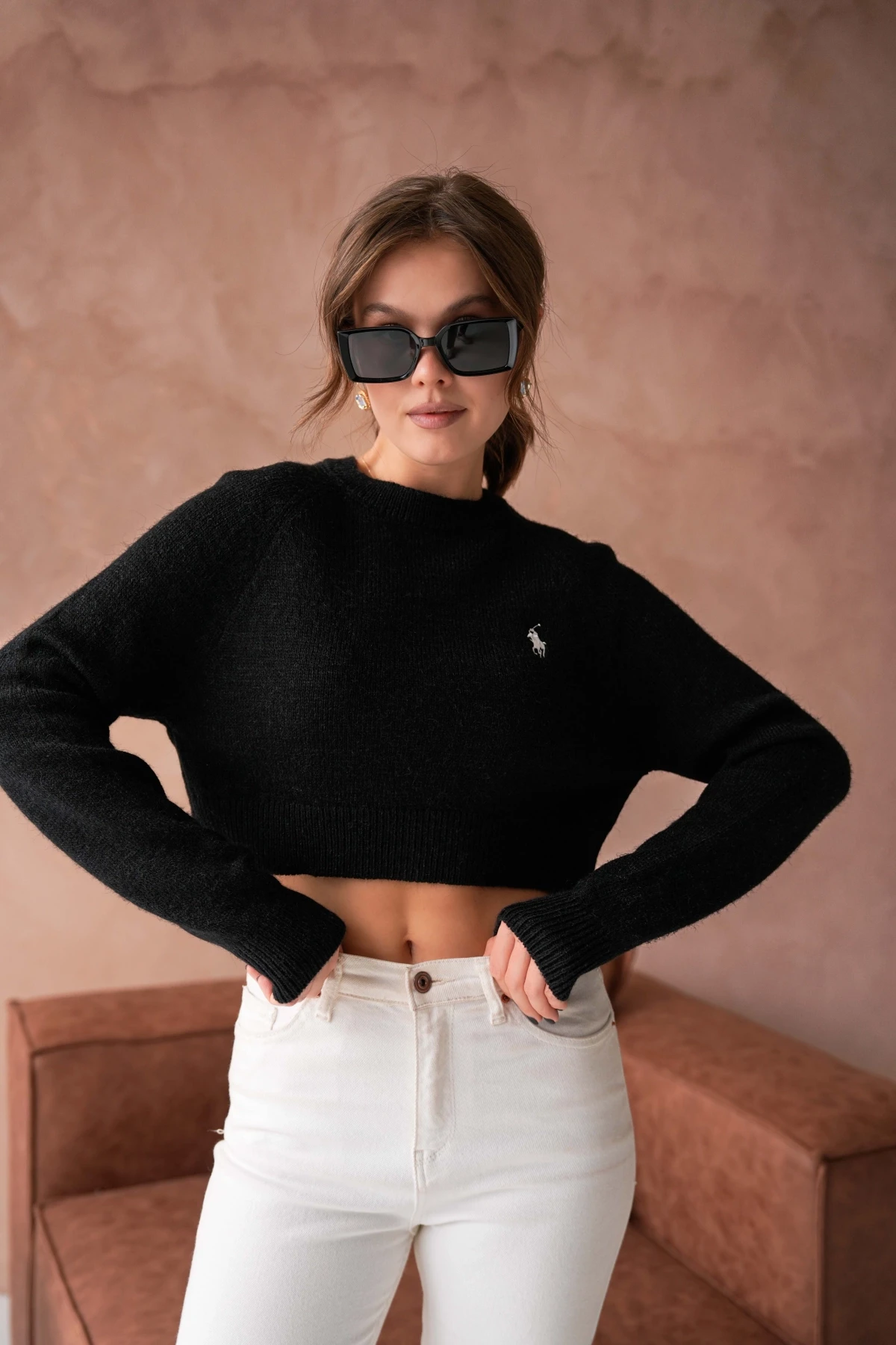 Womens Pomegranate Crew Neck Soft Textured Crop Knitwear Sweater