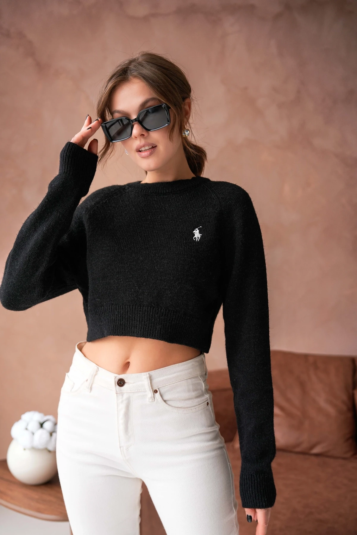 Womens Pomegranate Crew Neck Soft Textured Crop Knitwear Sweater