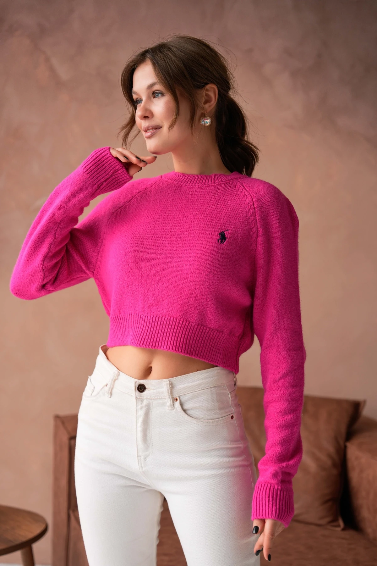 Womens Pomegranate Crew Neck Soft Textured Crop Knitwear Sweater