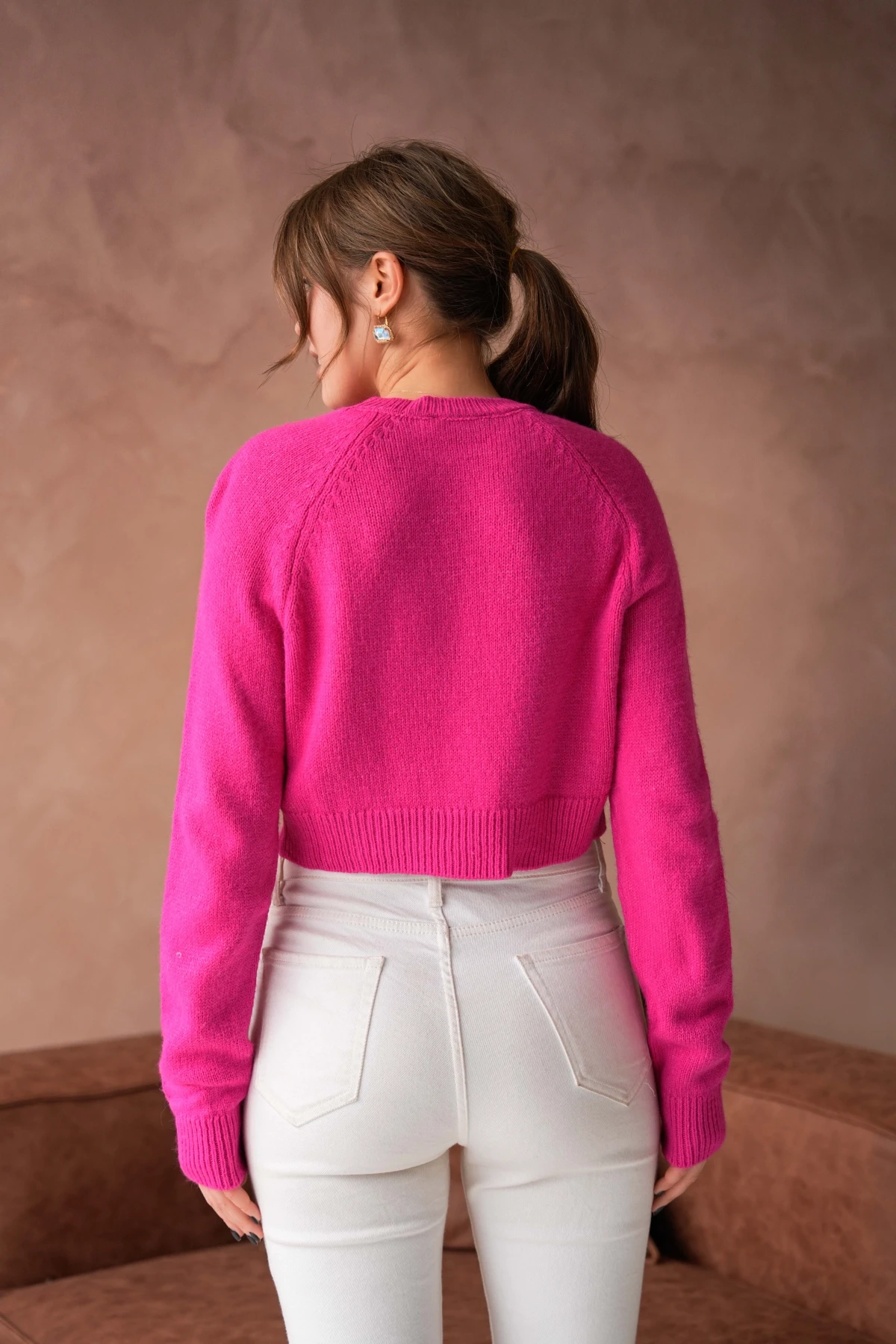 Womens Pomegranate Crew Neck Soft Textured Crop Knitwear Sweater