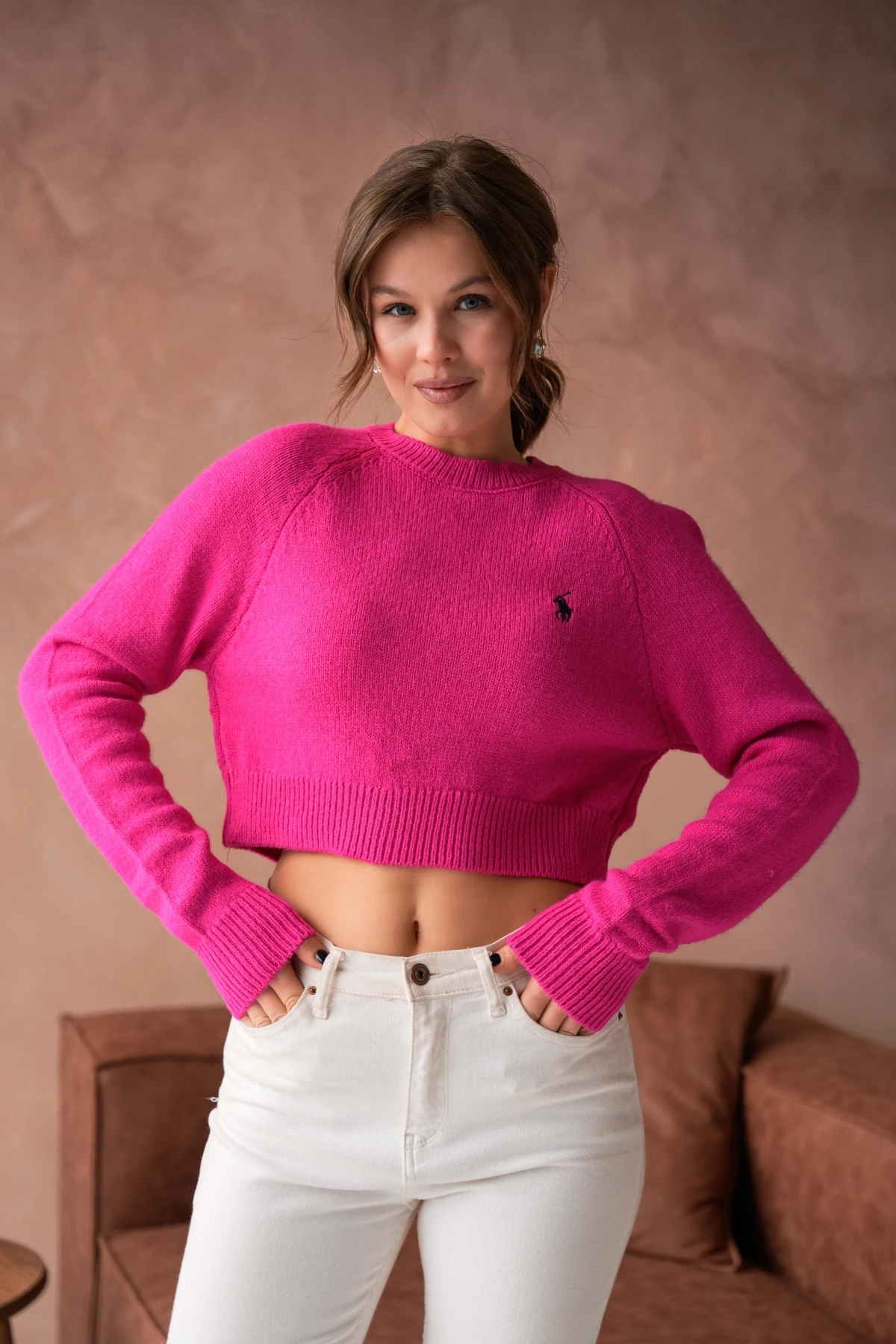 Womens Pomegranate Crew Neck Soft Textured Crop Knitwear Sweater