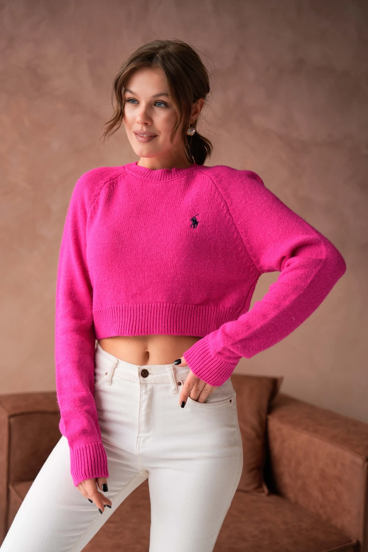 Womens Pomegranate Crew Neck Soft Textured Crop Knitwear Sweater