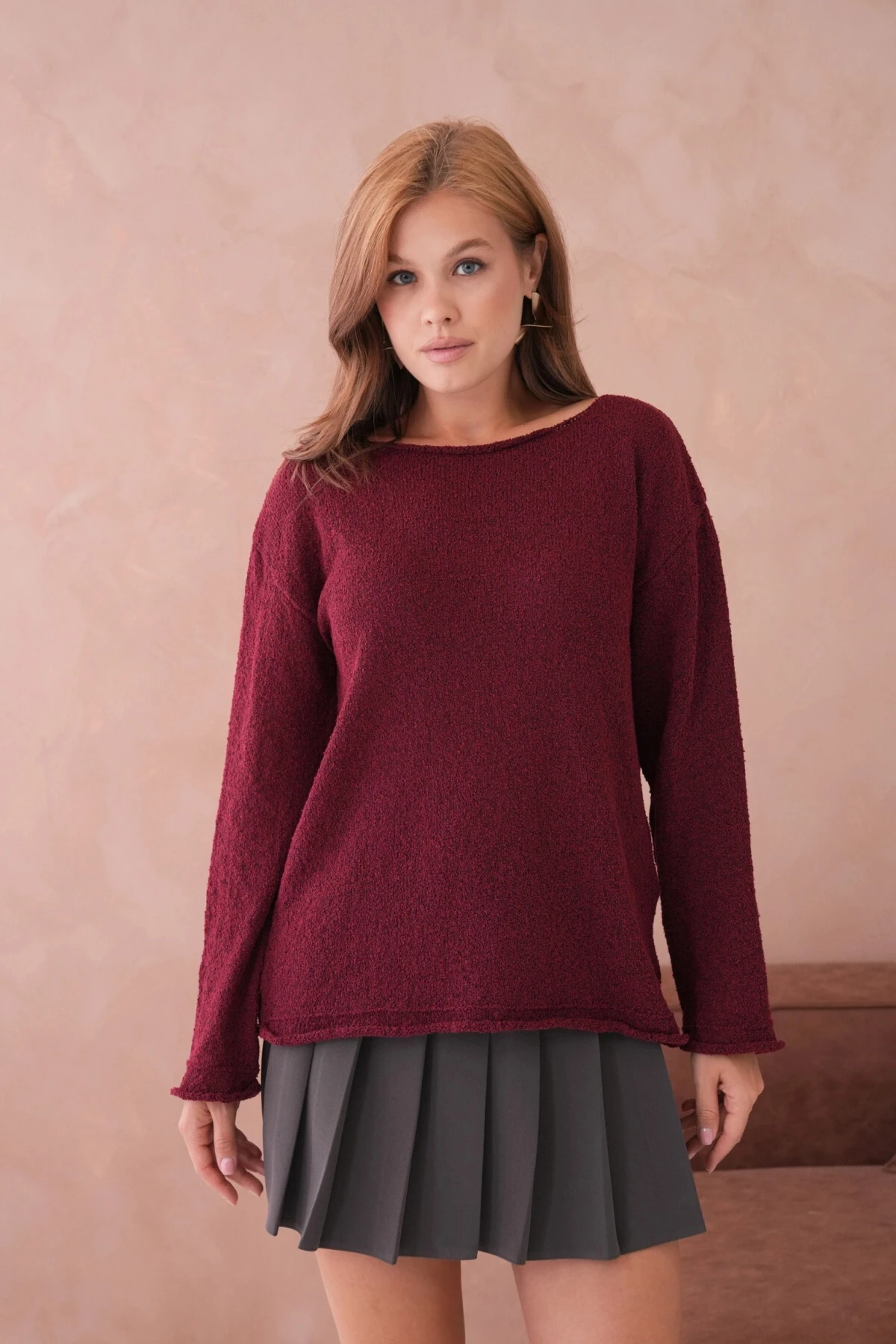 Kadın Bordo Basic Oversize Kayık Yaka Dokulu Triko Kazak 8529sw