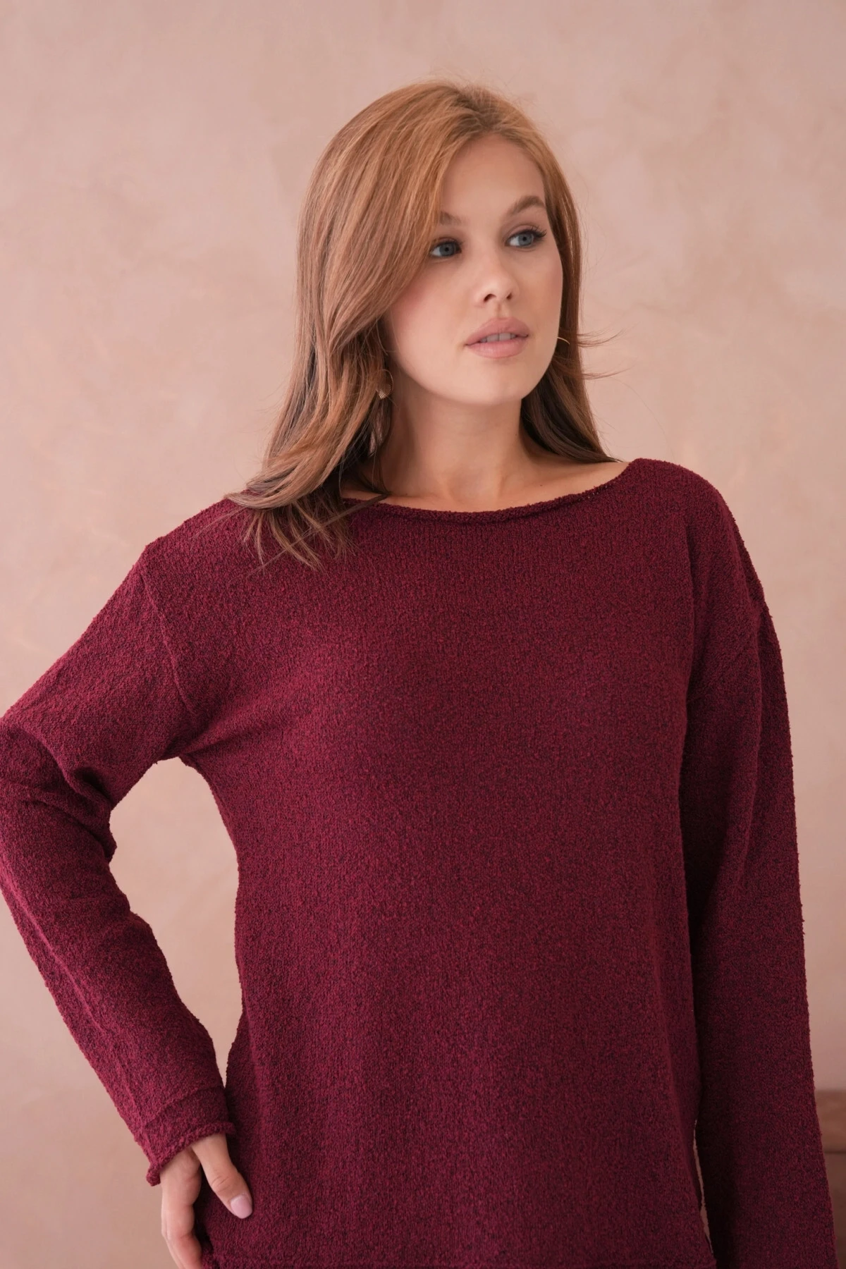 Kadın Bordo Basic Oversize Kayık Yaka Dokulu Triko Kazak 8529sw