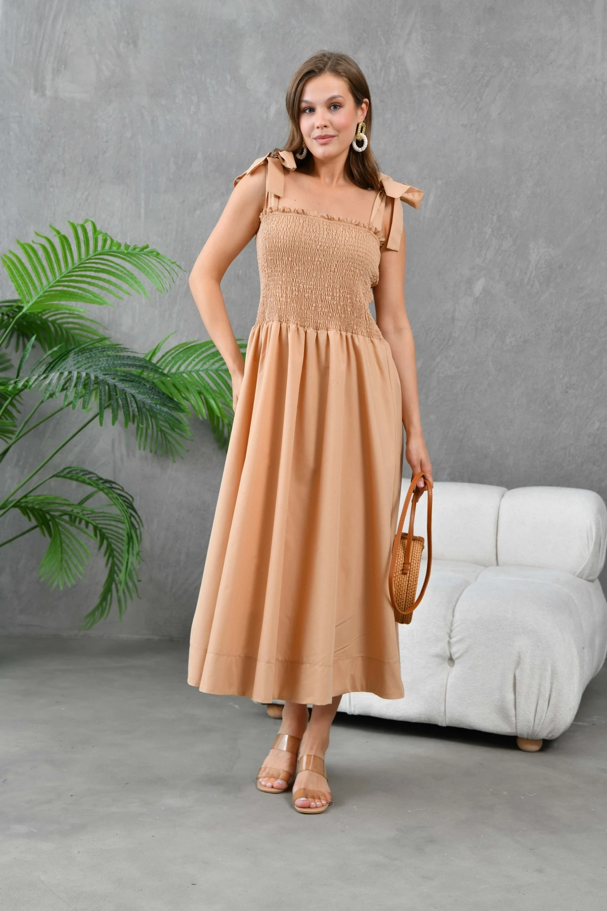 Kadın Camel Askısı Bağlamalı Gipeli Midi Dokuma Elbise 24023