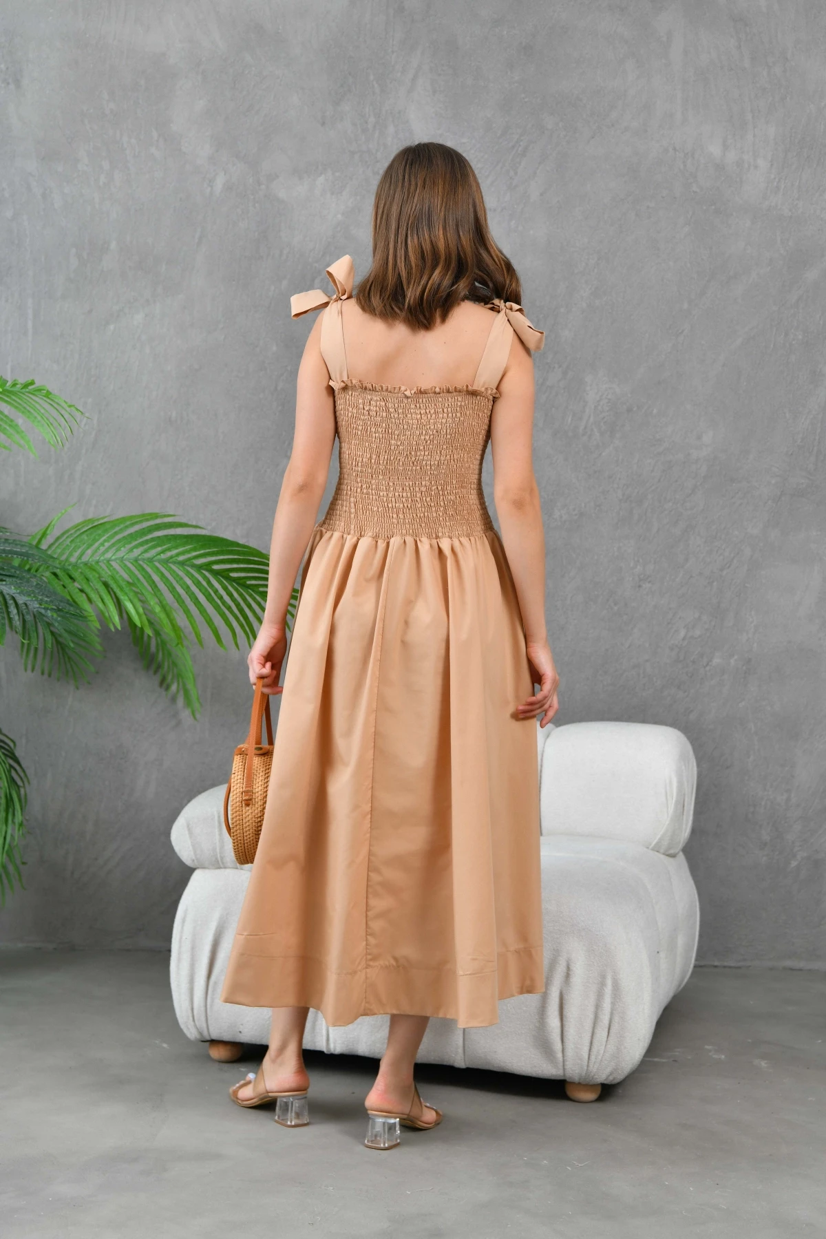 Kadın Camel Askısı Bağlamalı Gipeli Midi Dokuma Elbise 24023