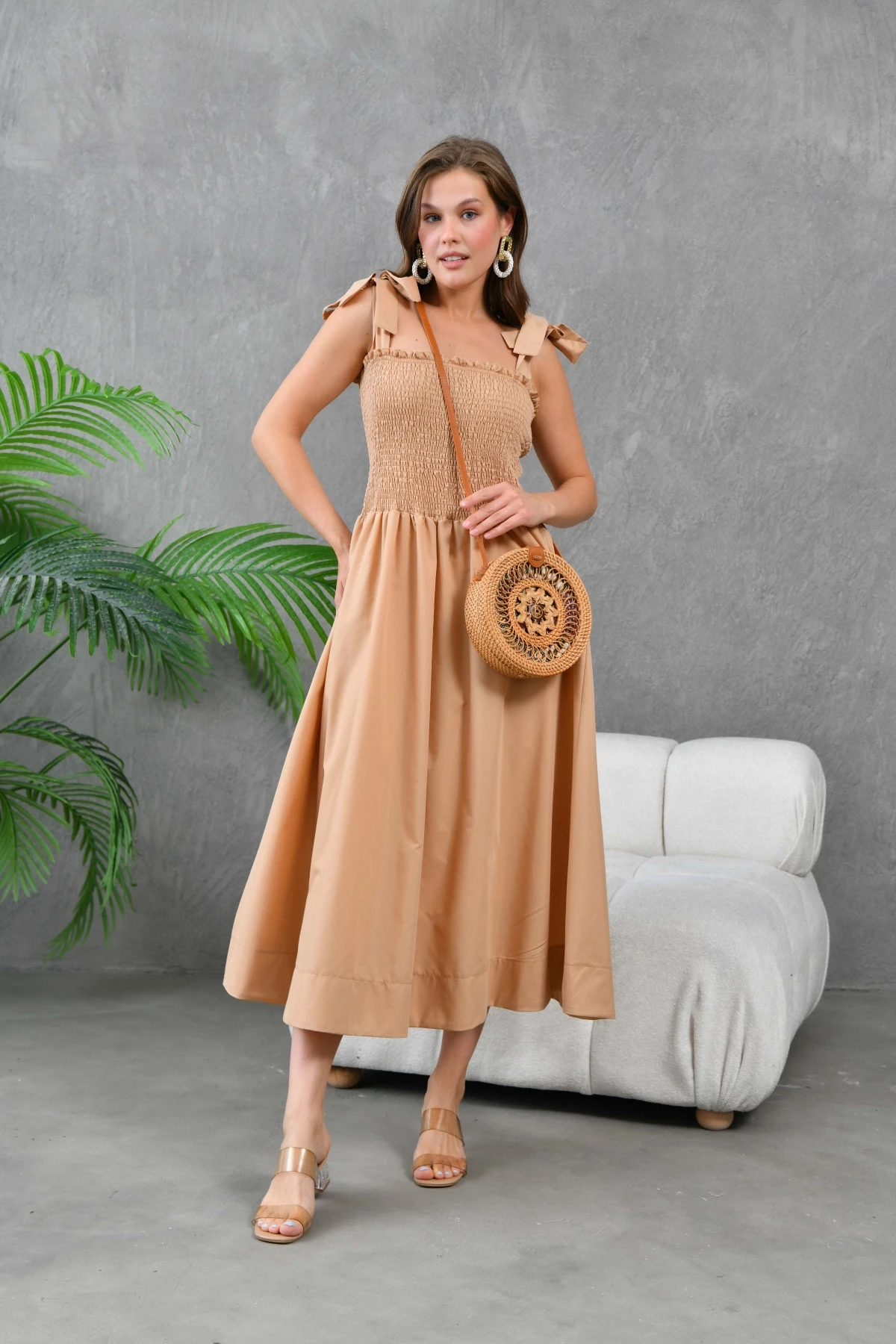 Kadın Camel Askısı Bağlamalı Gipeli Midi Dokuma Elbise 24023