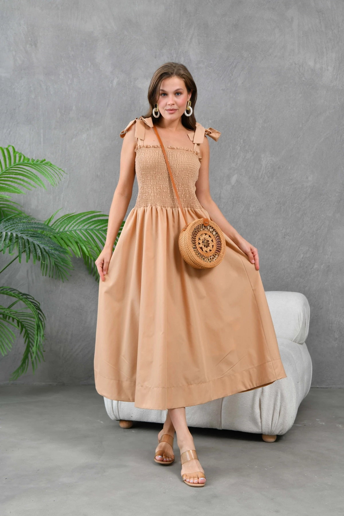 Kadın Camel Askısı Bağlamalı Gipeli Midi Dokuma Elbise 24023
