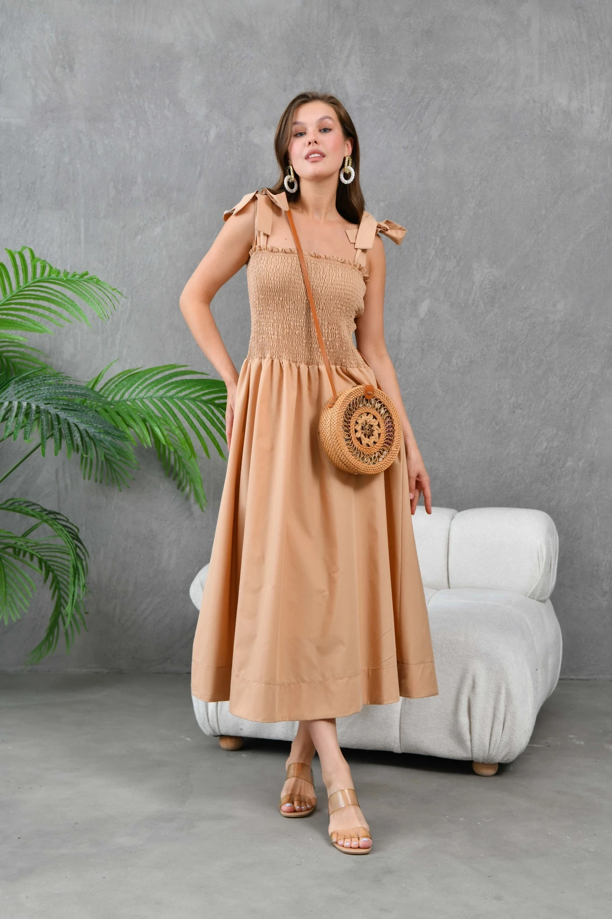 Kadın Camel Askısı Bağlamalı Gipeli Midi Dokuma Elbise 24023