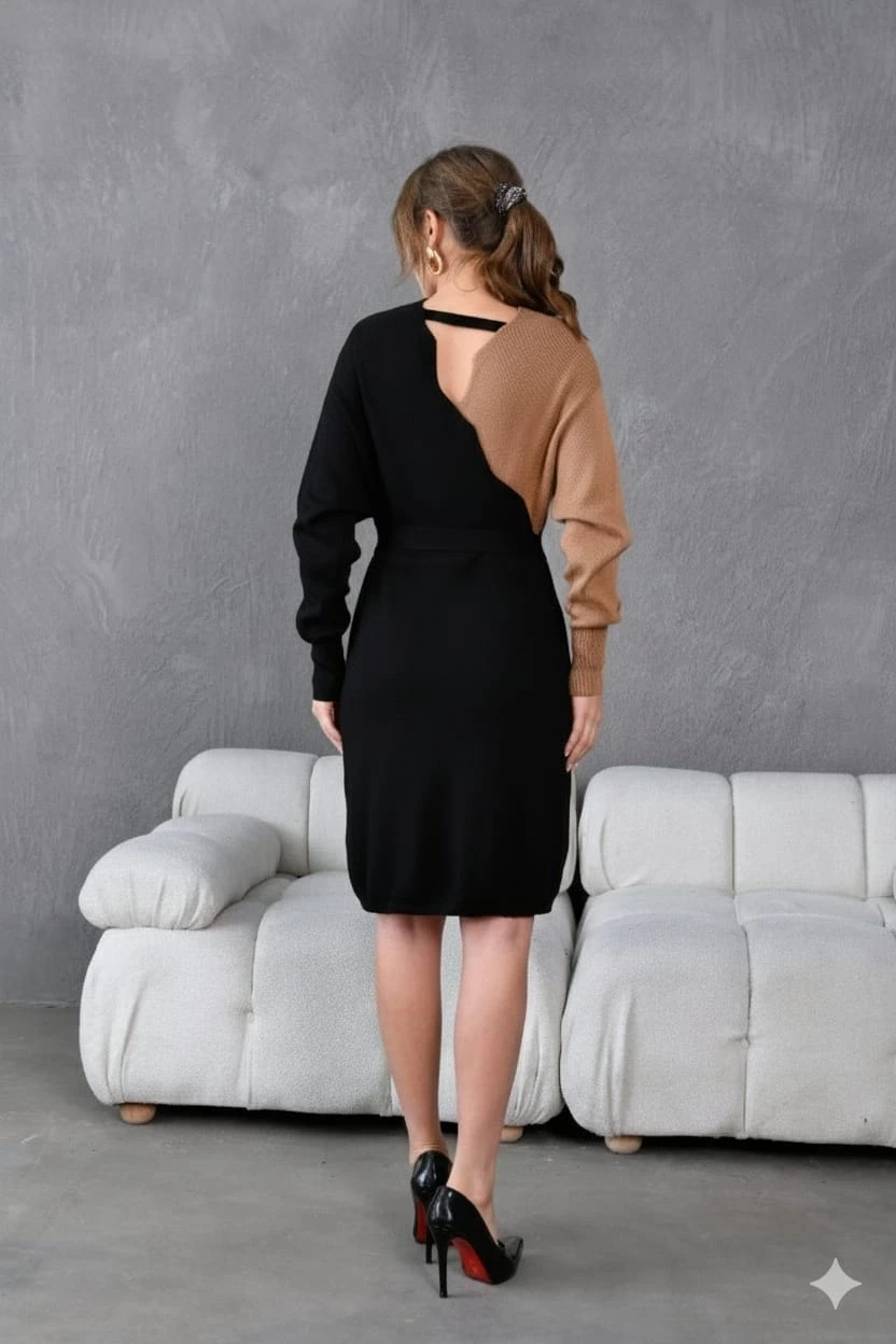 Kadın Degaje Yaka Düğme Detay Kuşaklı Renk Bloklu Midi Triko Elbise 214214