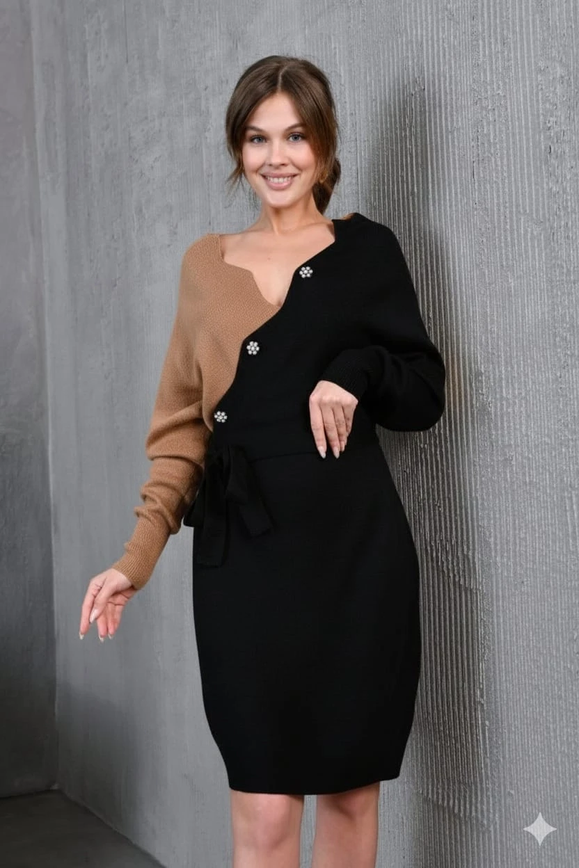 Kadın Degaje Yaka Düğme Detay Kuşaklı Renk Bloklu Midi Triko Elbise 214214