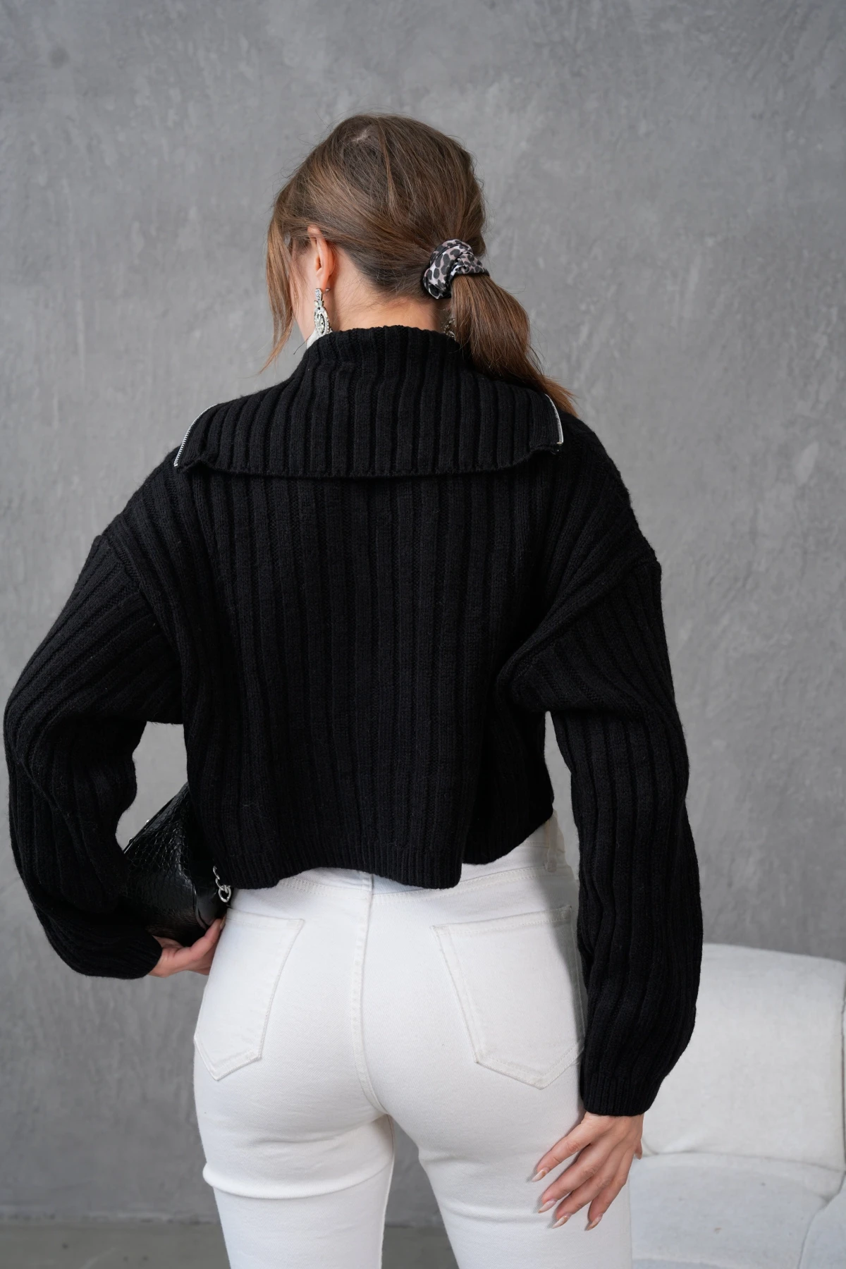 Kadın Devrik Yaka Ful Fermuar Kapama Fitilli Crop Triko Ceket 6021