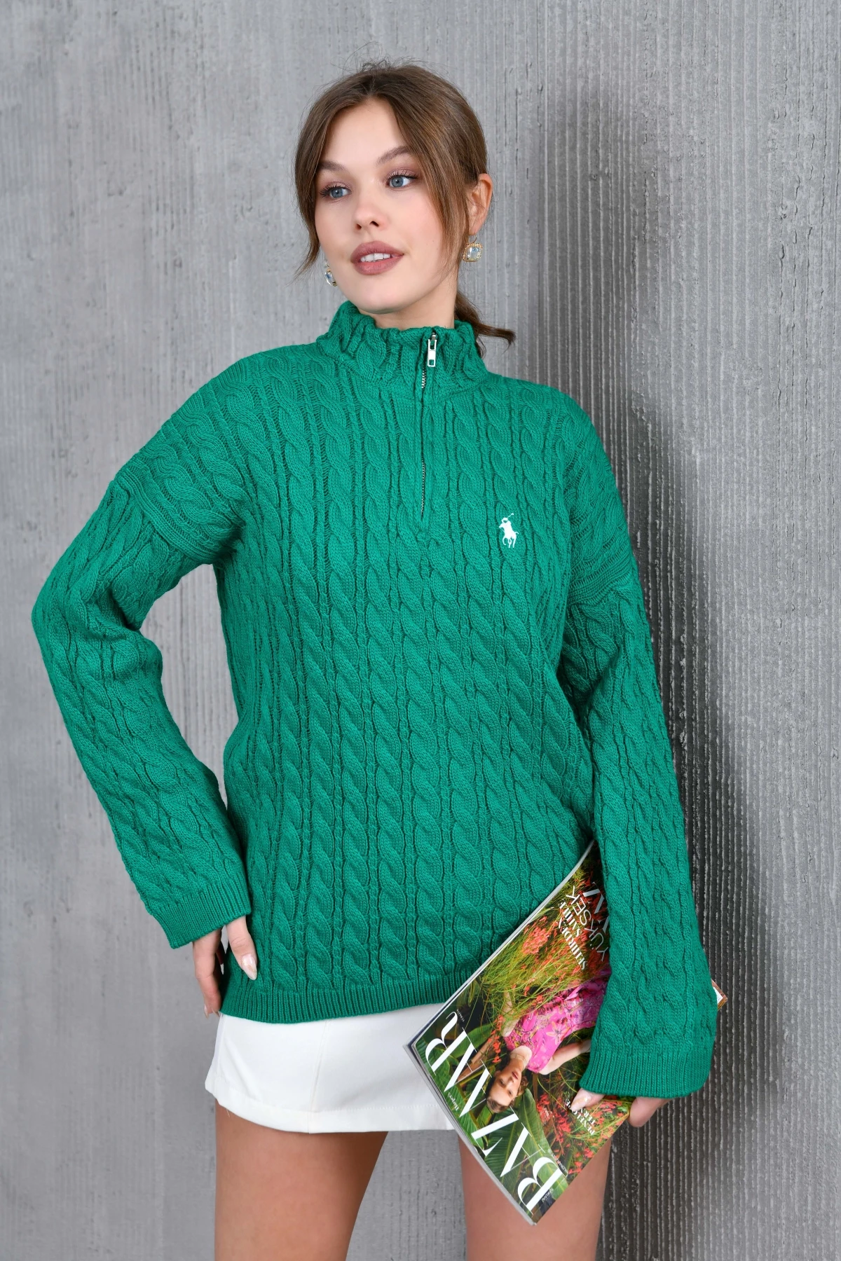 Kadın Dik Yaka Fermuar Detay Saç Örgü Triko Kazak 8006Sw