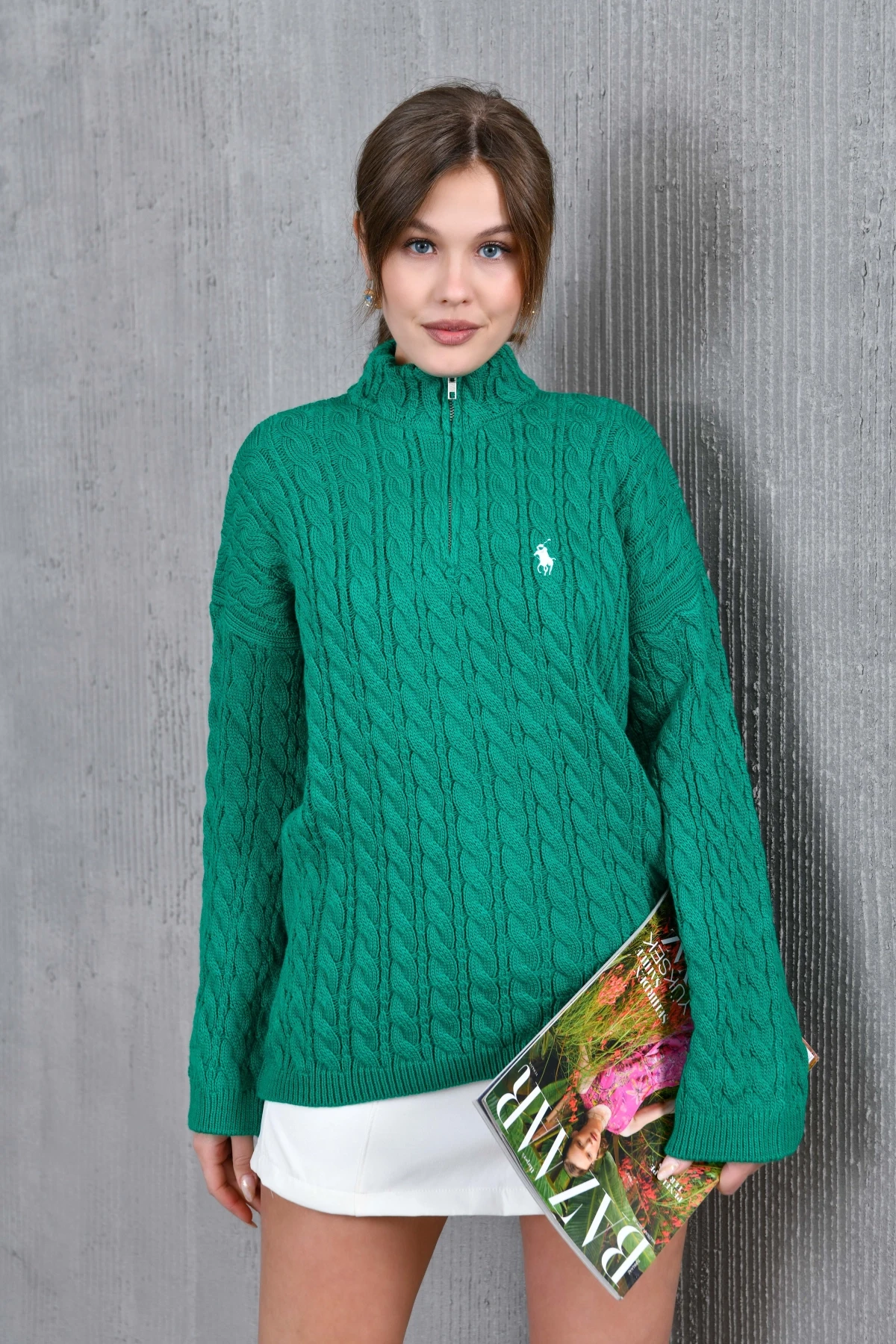 Kadın Dik Yaka Fermuar Detay Saç Örgü Triko Kazak 8006Sw