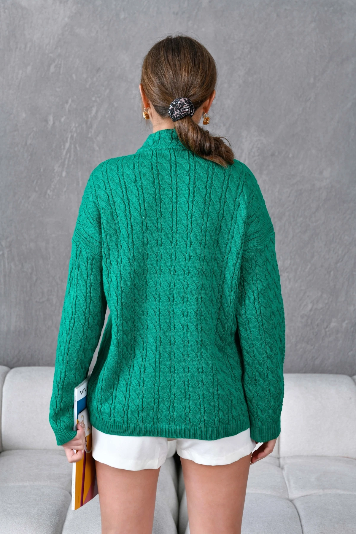 Kadın Dik Yaka Fermuar Detay Saç Örgü Triko Kazak 8006Sw