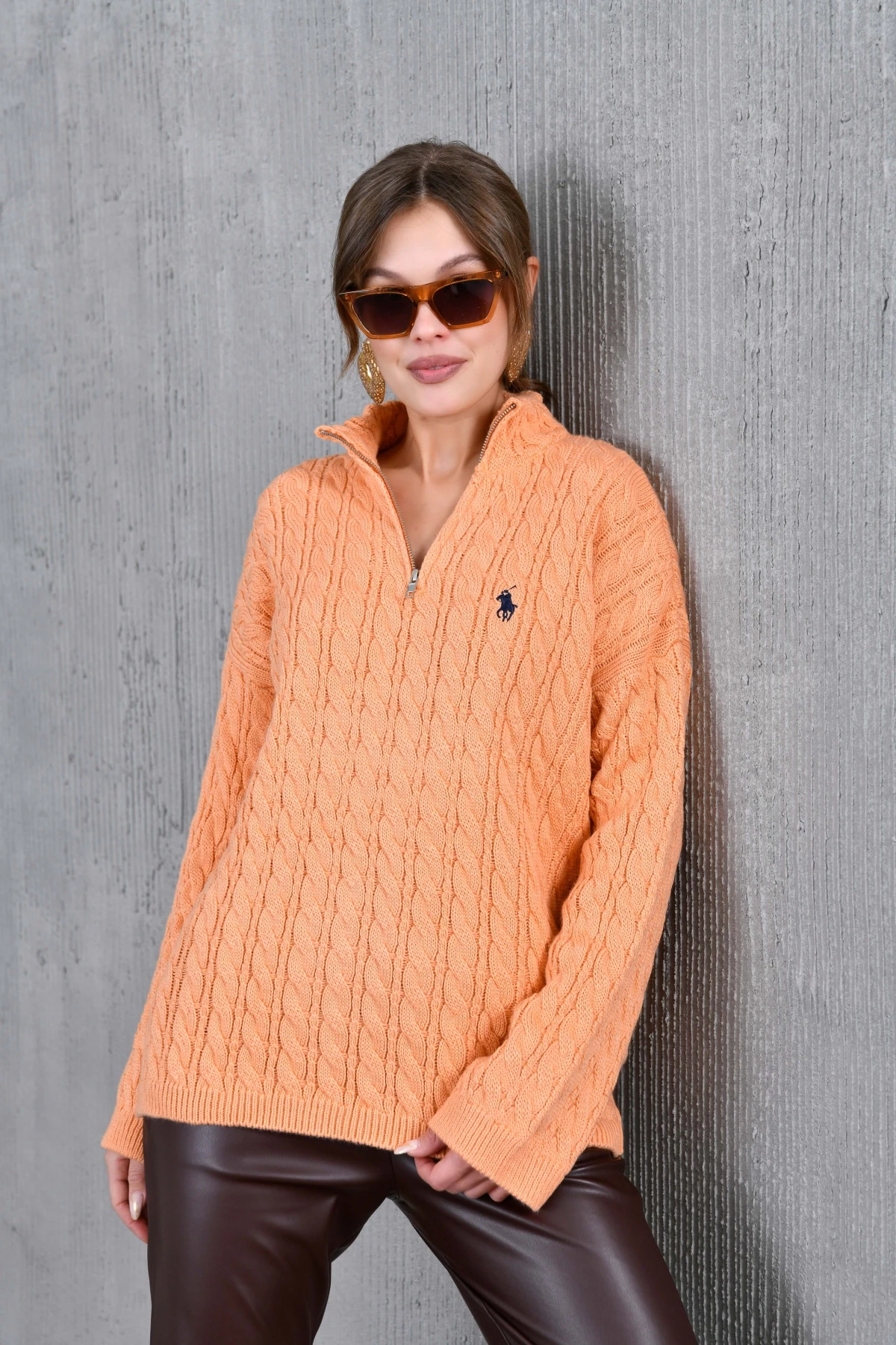 Kadın Dik Yaka Fermuar Detay Saç Örgü Triko Kazak 8006Sw