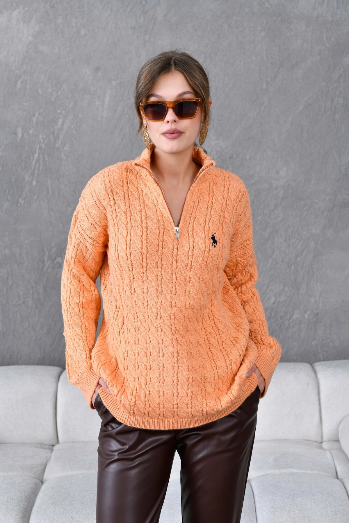 Kadın Dik Yaka Fermuar Detay Saç Örgü Triko Kazak 8006Sw