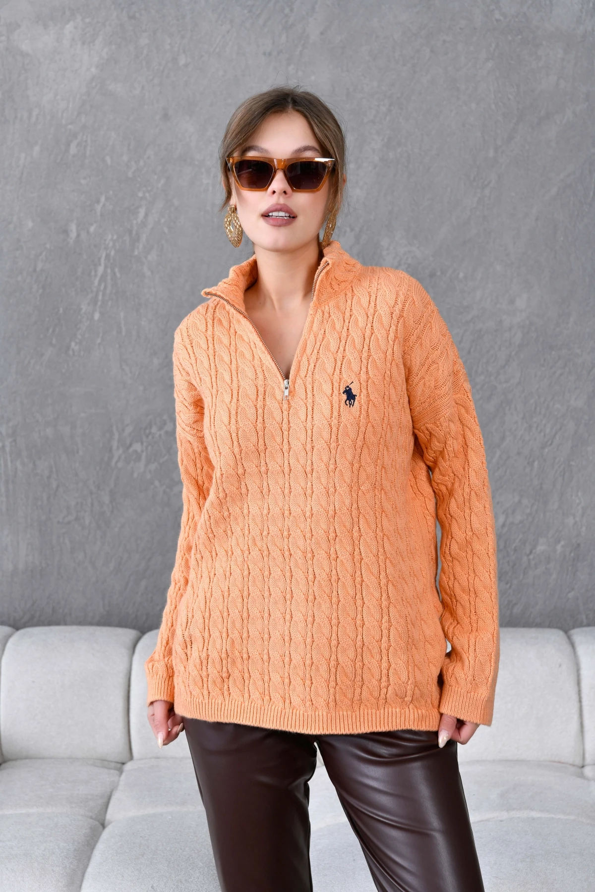 Kadın Dik Yaka Fermuar Detay Saç Örgü Triko Kazak 8006Sw