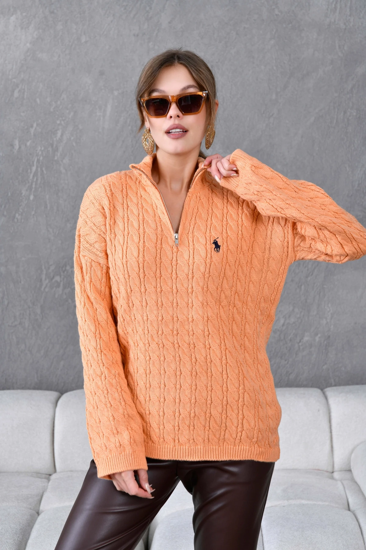 Kadın Dik Yaka Fermuar Detay Saç Örgü Triko Kazak 8006Sw