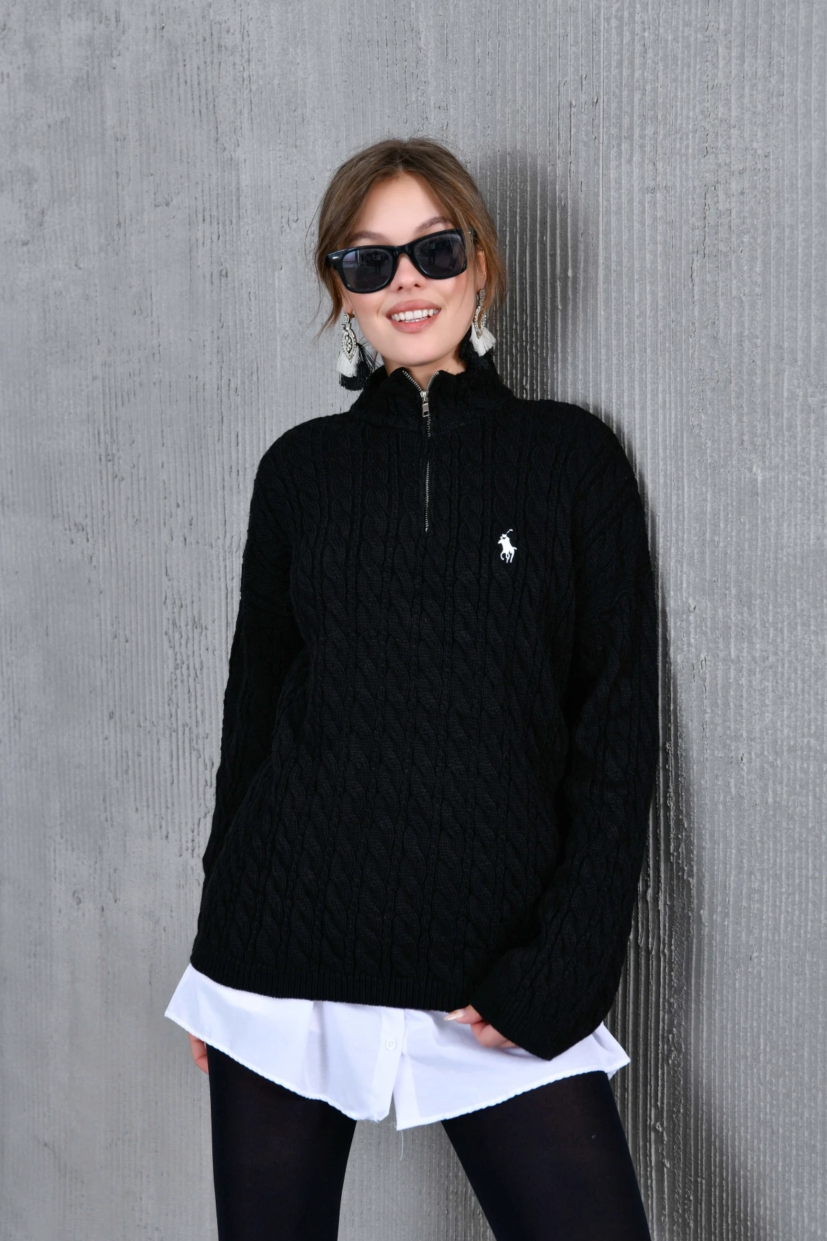 Kadın Dik Yaka Fermuar Detay Saç Örgü Triko Kazak 8006Sw