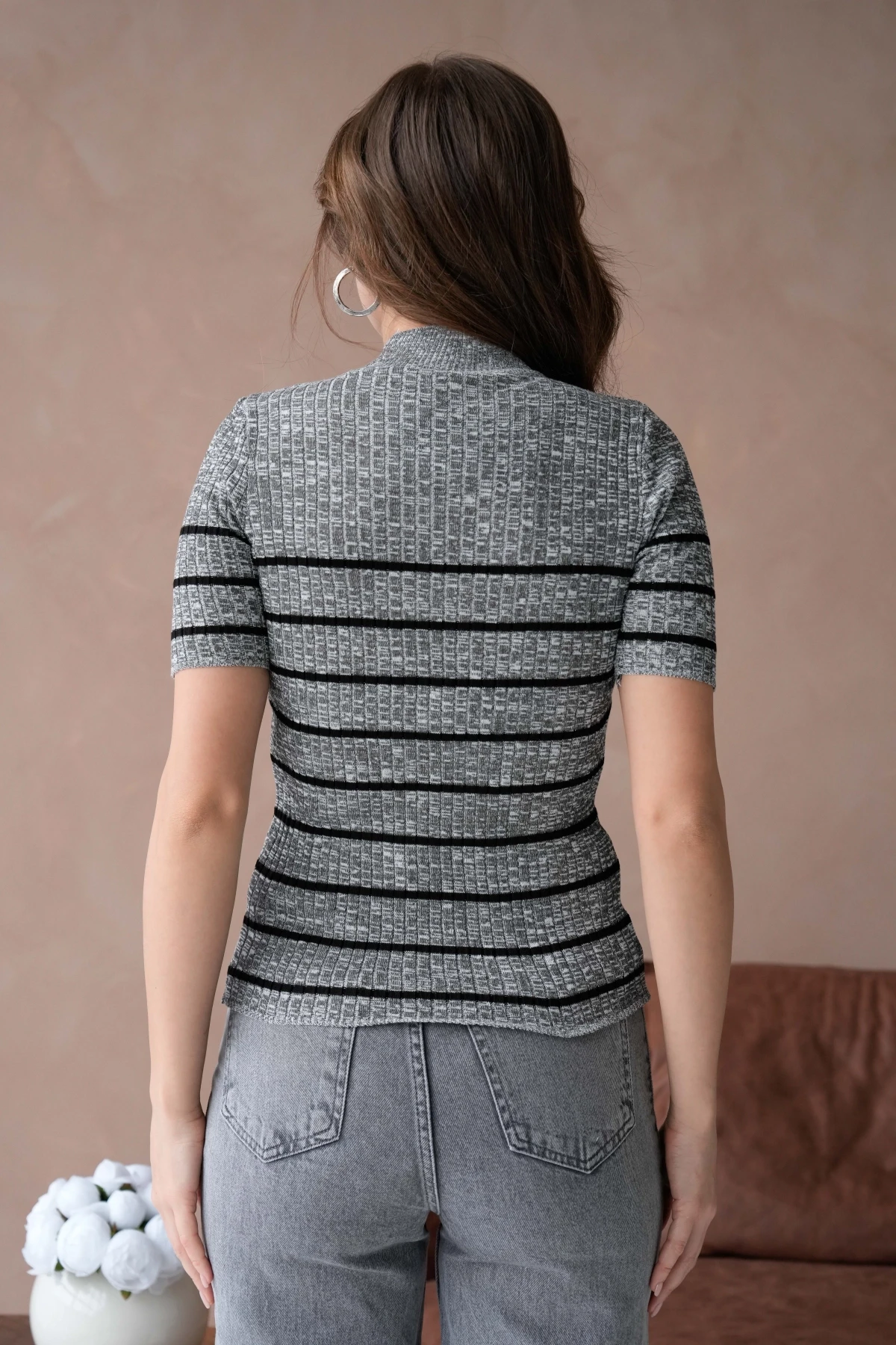 Kadın Dik Yaka Kısa Kol Çizgili Triko Kazak  10091