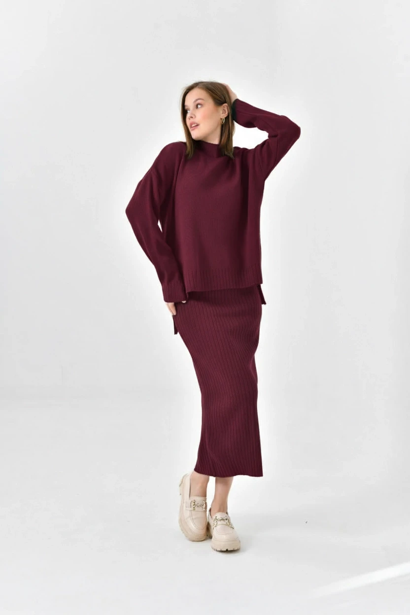 Kadın Dik Yaka Salaş Kazak Uzun Etekli İkili Triko Takım