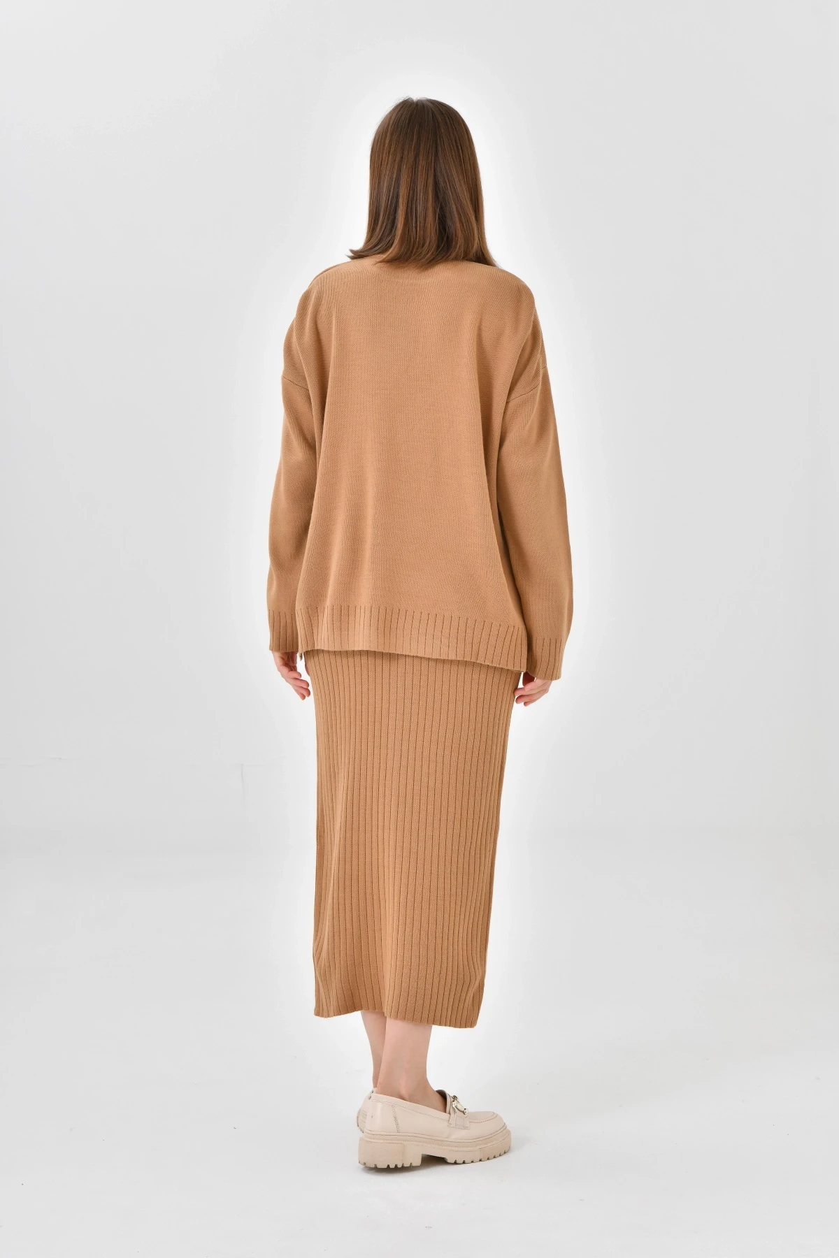 Kadın Dik Yaka Salaş Kazak Uzun Etekli İkili Triko Takım