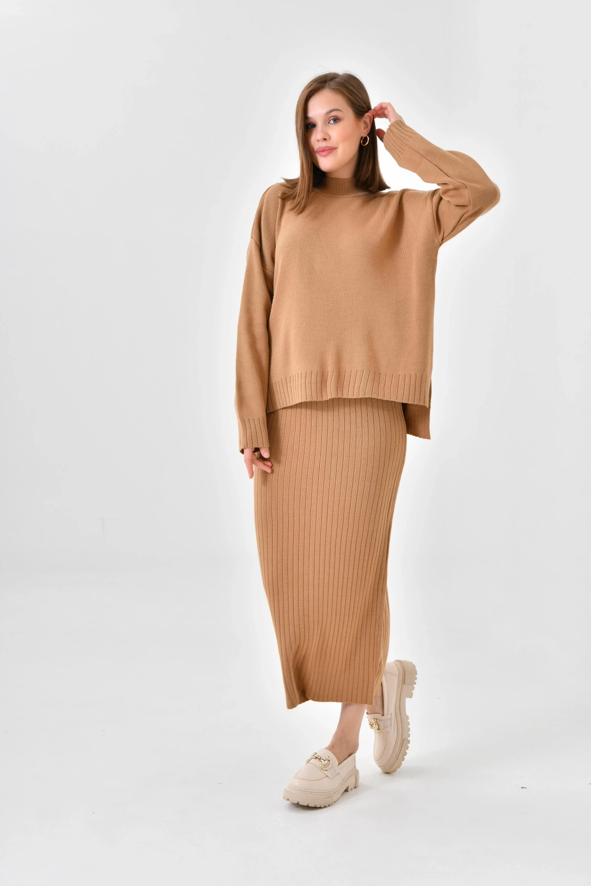 Kadın Dik Yaka Salaş Kazak Uzun Etekli İkili Triko Takım