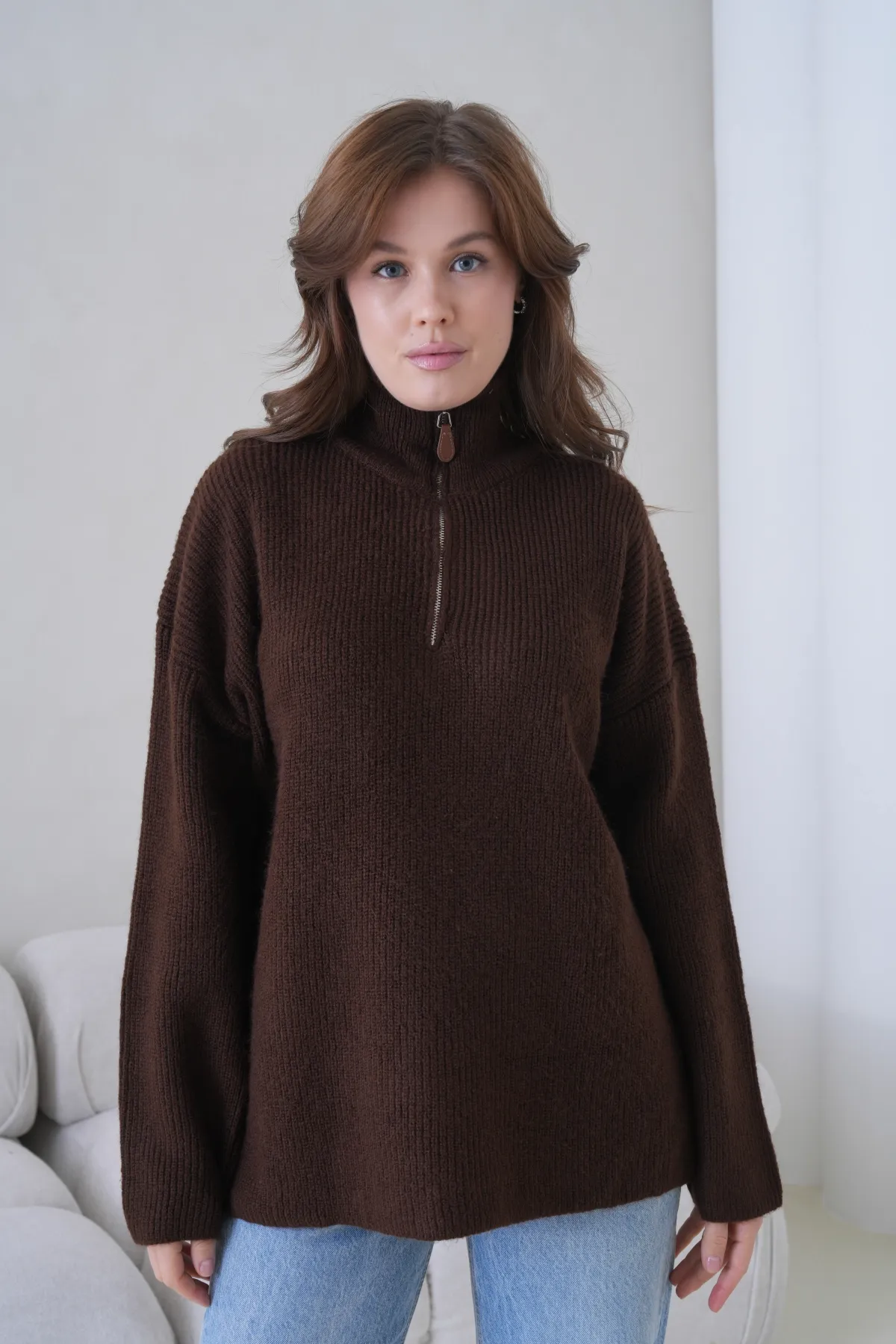 Kadın Dik Yaka Yarım Pat Fermuar Kapama Yumuşak Dokulu Oversize Triko Kazak 8702Sw